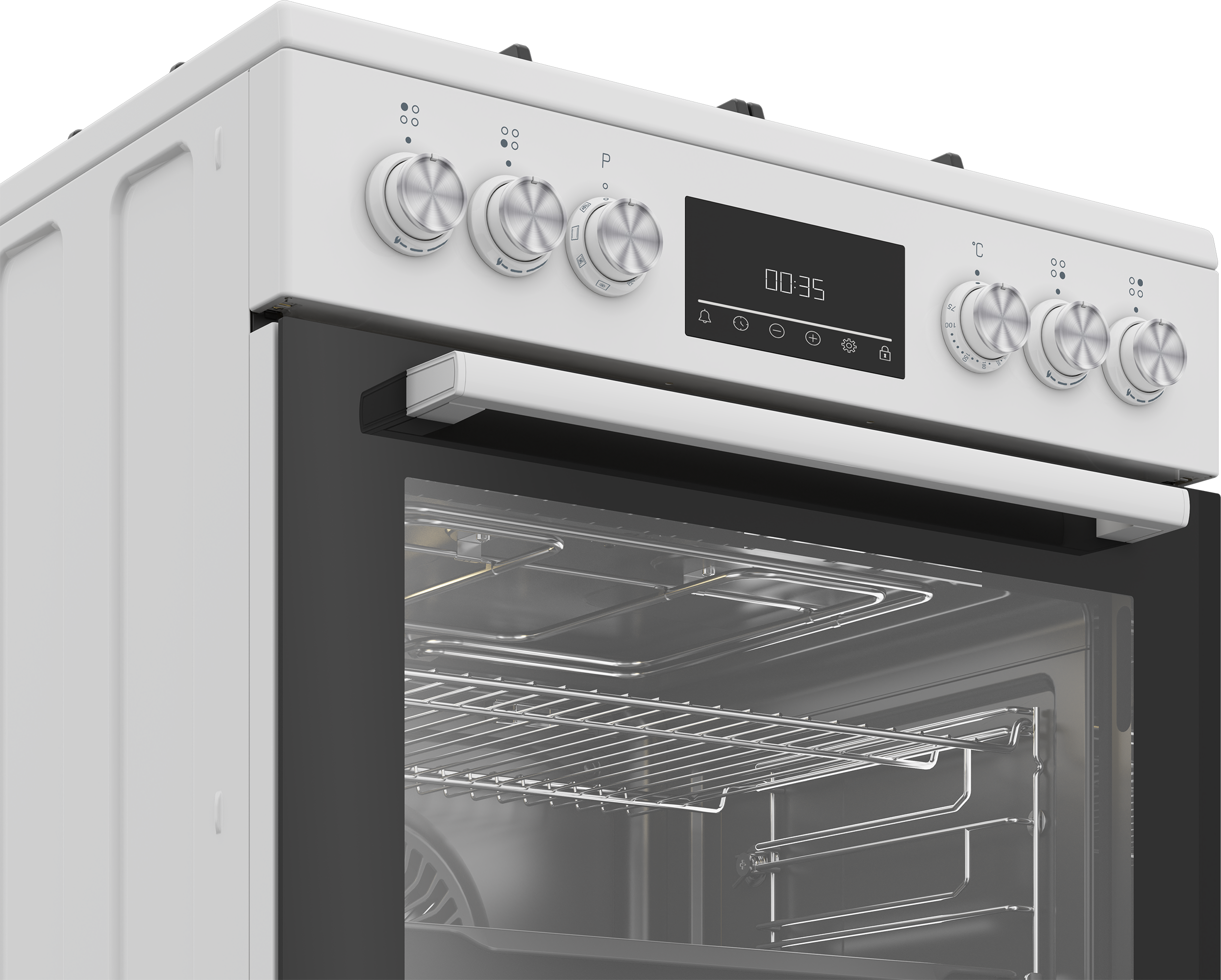 Biały piekarnik z cyfrowym wyświetlaczem 00:35, pokrętłami i szklanymi drzwiami z rusztami.