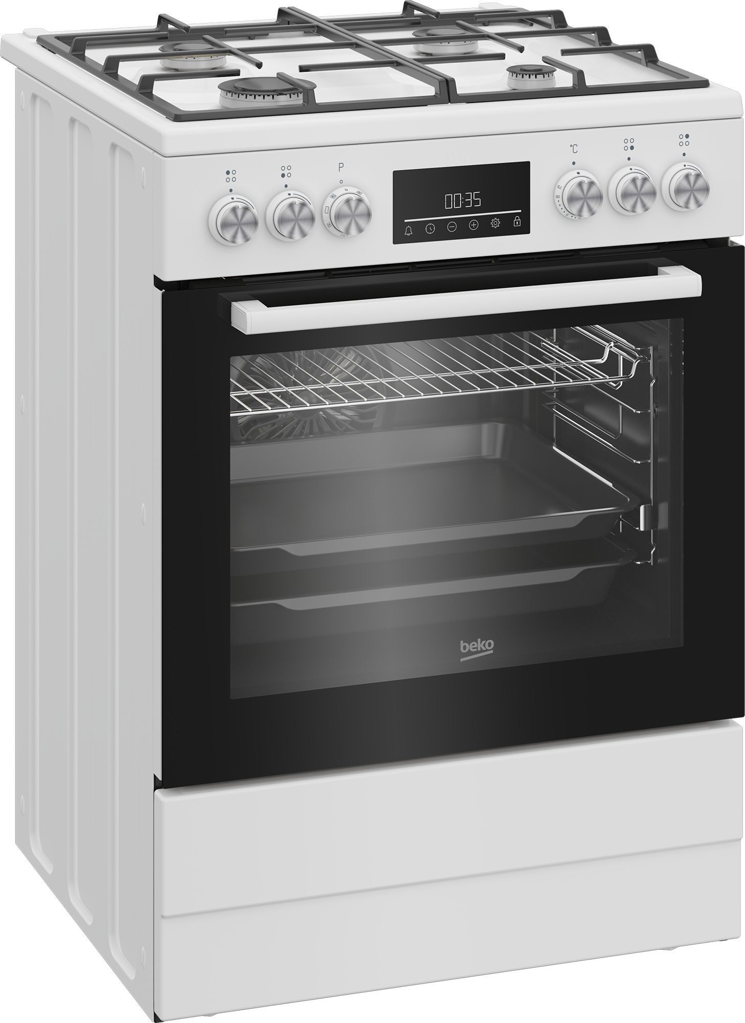 Biały piekarnik Beko z czarnymi szklanymi drzwiami. Ma palniki na górze i cyfrowy wyświetlacz.