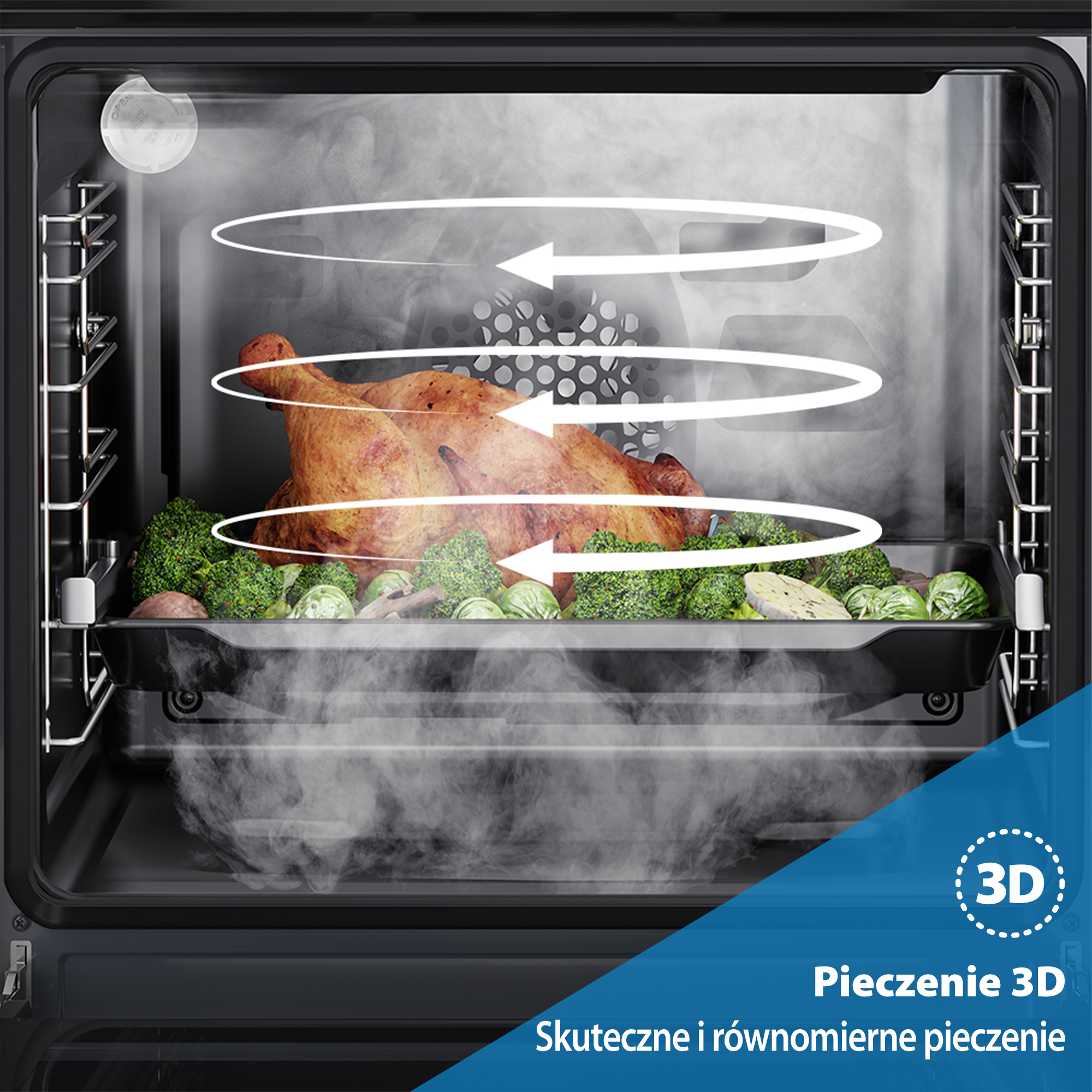 Piekarnik z pieczonym kurczakiem i warzywami. Białe strzałki pokazują pieczenie 3D. Para wypełnia piekarnik.