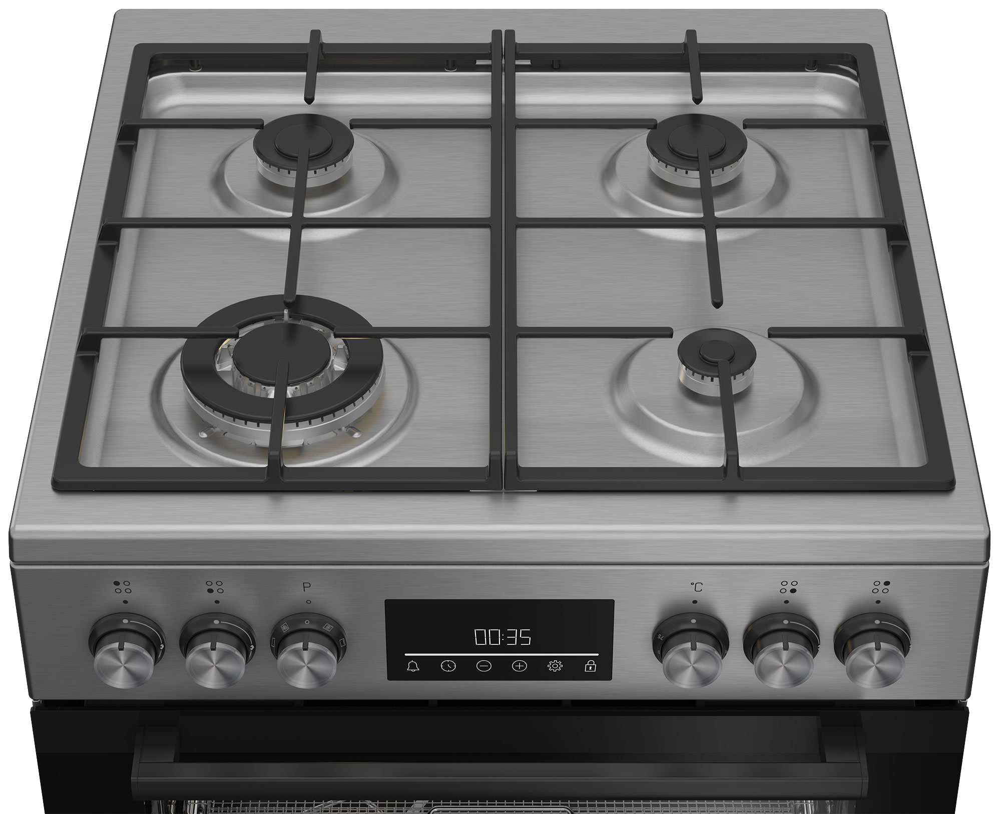 Kuchenka gazowa ze stali nierdzewnej z czterema palnikami, pokrętłami i drzwiami piekarnika. Wyświetlacz pokazuje czas.