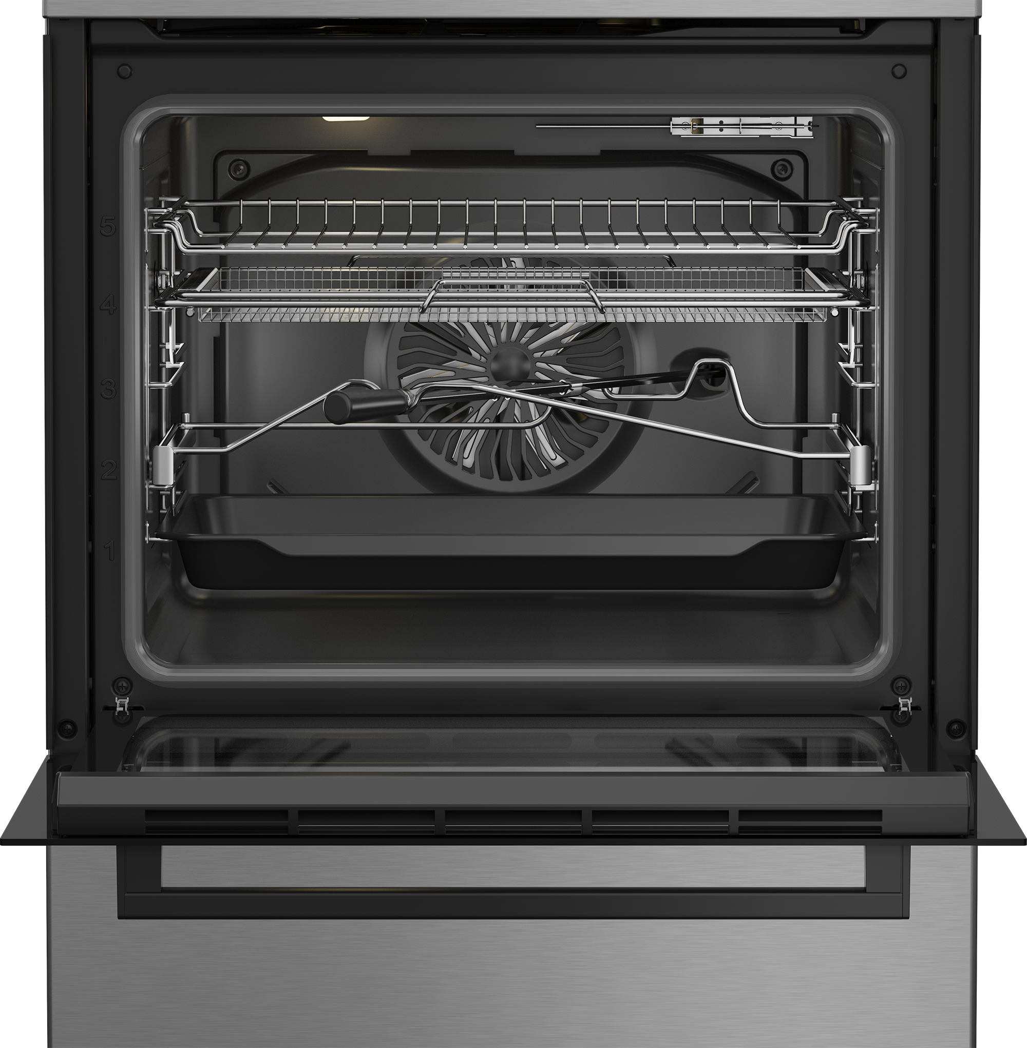 Otwarty piekarnik, widać ruszty, wentylator i blachę. Drzwi ze stali nierdzewnej i czarna rama wewnętrzna.