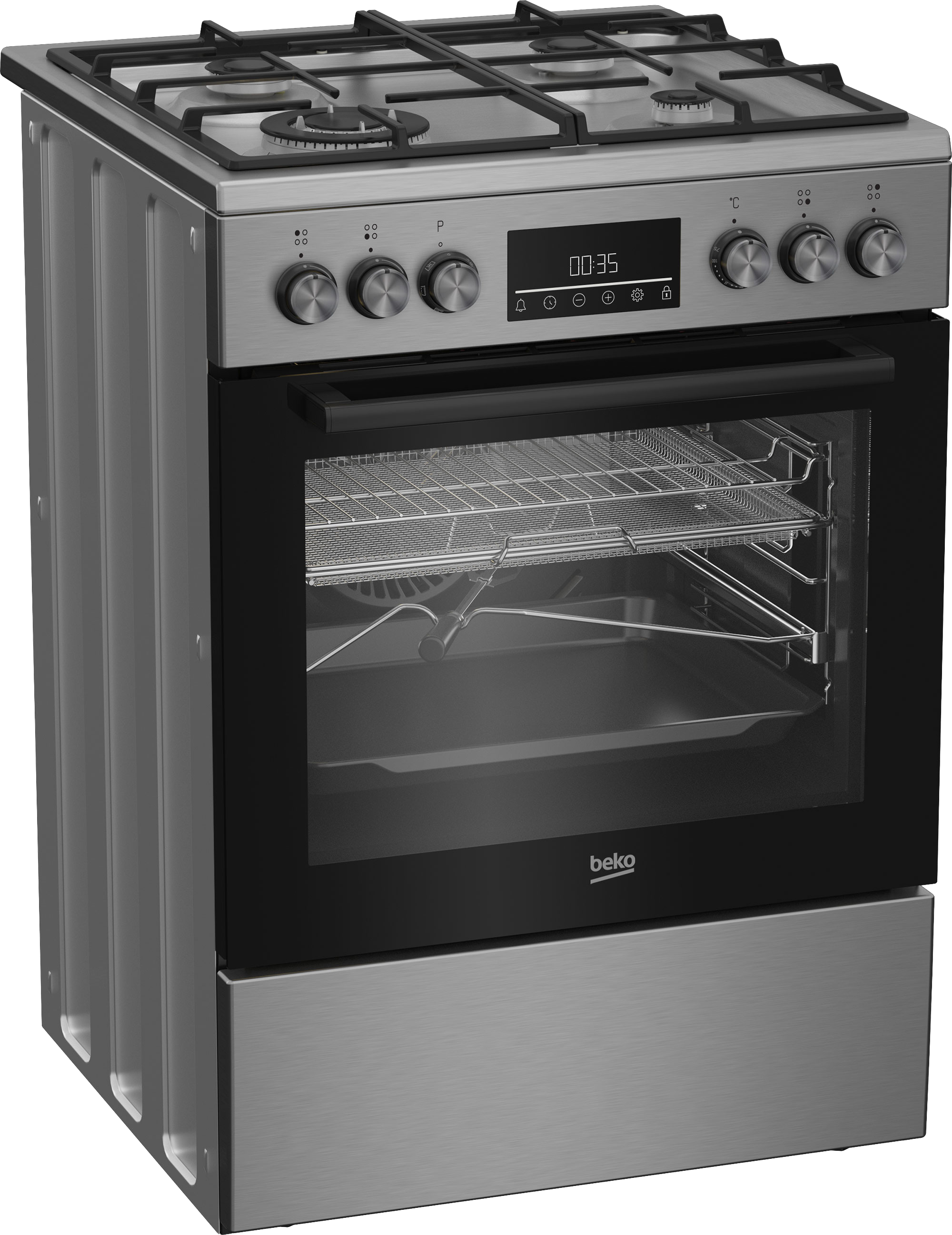 Piekarnik Beko ze stali nierdzewnej. Ma płytę gazową, wyświetlacz cyfrowy i szklane drzwi.