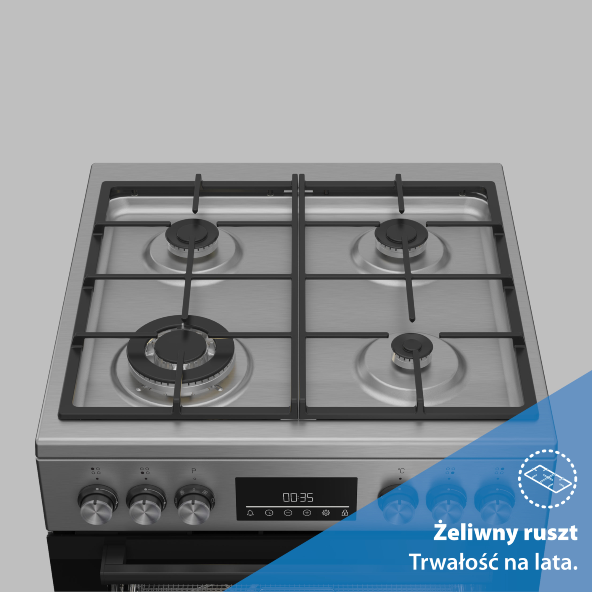 Kuchenka gazowa ze stali nierdzewnej z czterema palnikami, pokrętłami i wyświetlaczem cyfrowym. Tło jest szare.