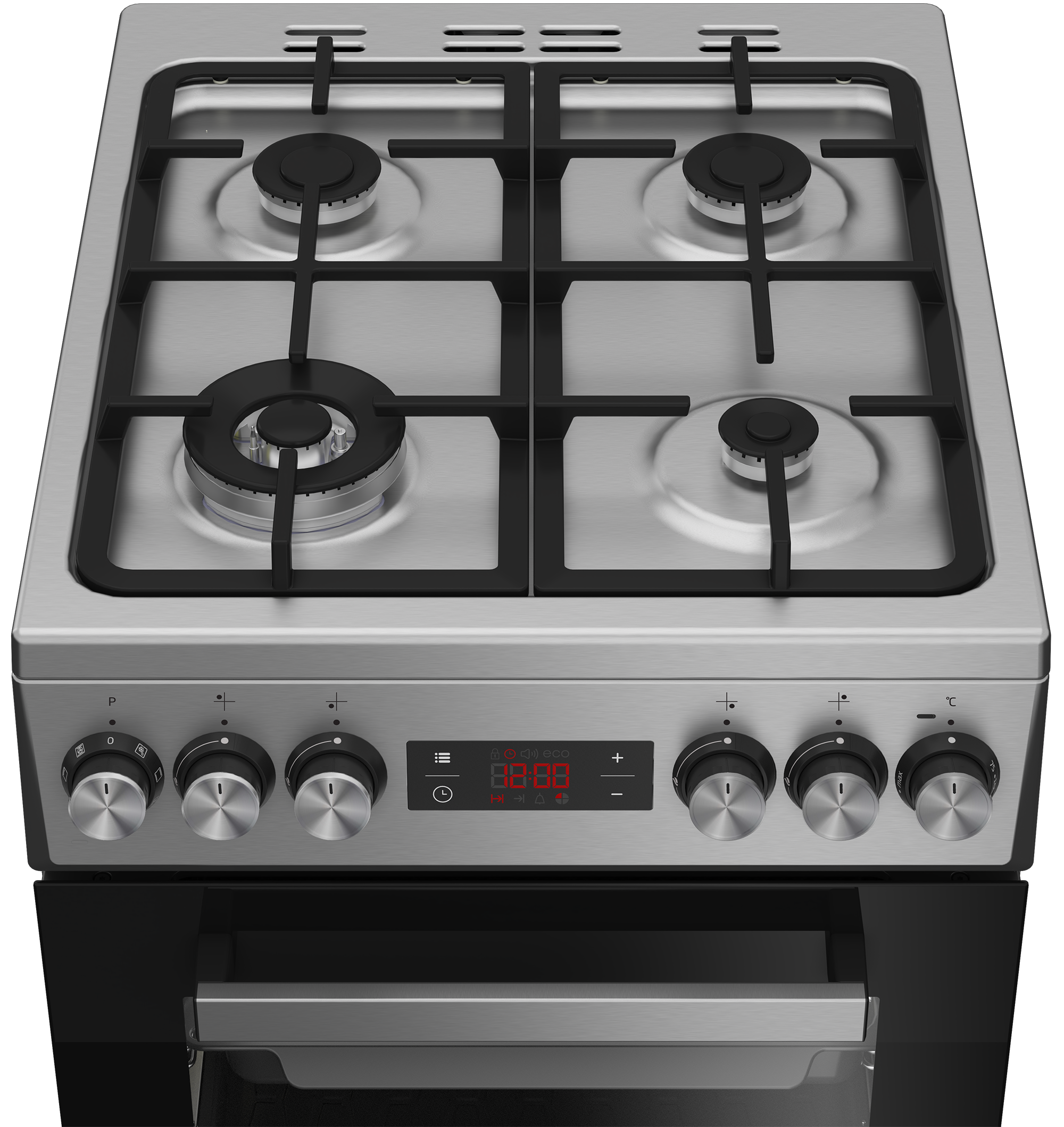 Stalowa kuchenka gazowa z czterema palnikami, pokrętłami i drzwiami piekarnika. Wyświetlacz cyfrowy pokazuje czas.