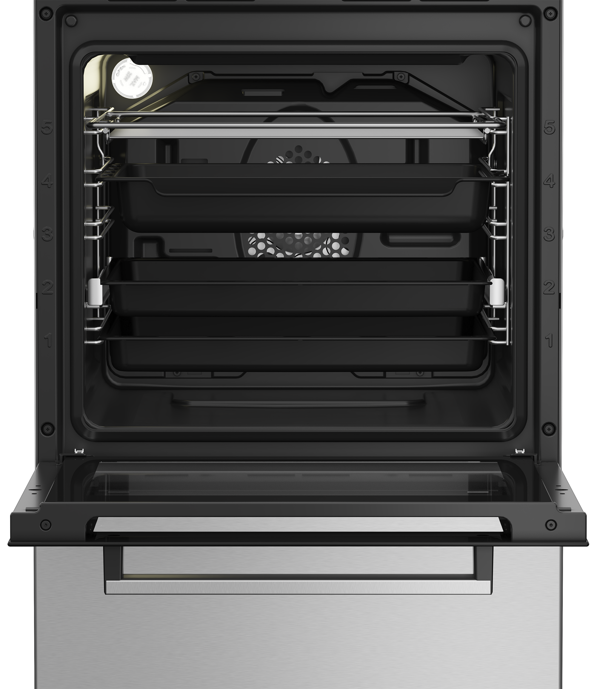 Otwarty wnętrze piekarnika z rusztami, tacami i światłem. Drzwi są otwarte.