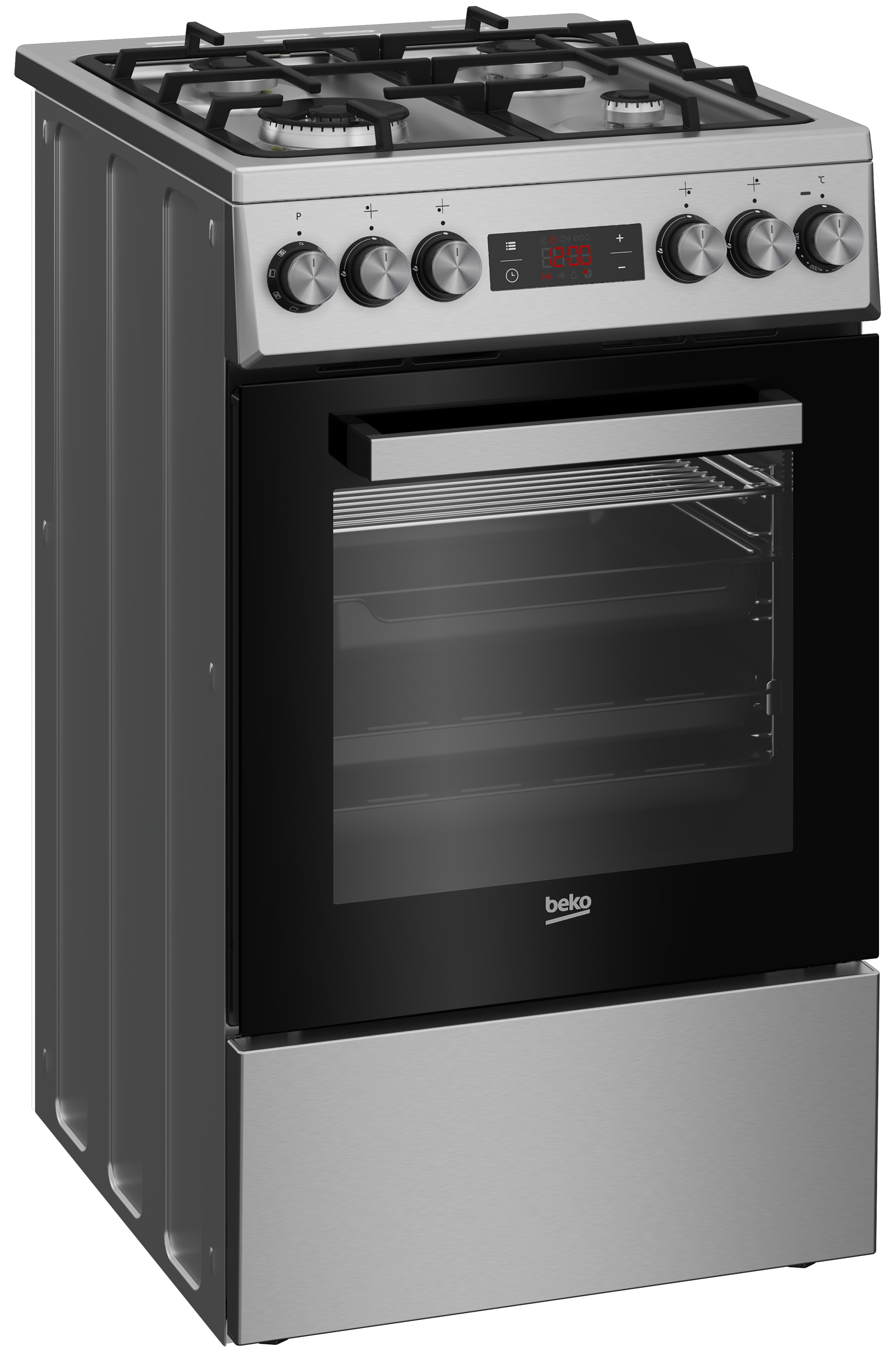 Piekarnik Beko ze stali nierdzewnej. Ma płytę gazową, elementy sterujące piekarnikiem i wyświetlacz cyfrowy. Drzwi piekarnika są czarne.