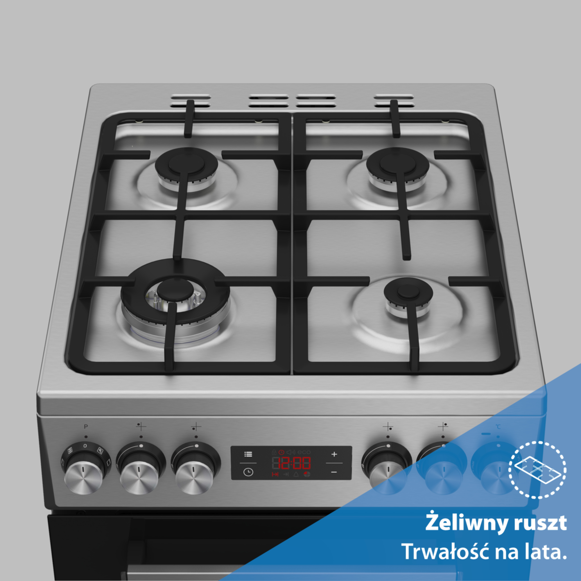 Kuchenka gazowa ze stali nierdzewnej z czterema palnikami, pokrętłami i wyświetlaczem elektronicznym. Tło jest jasnoszare.