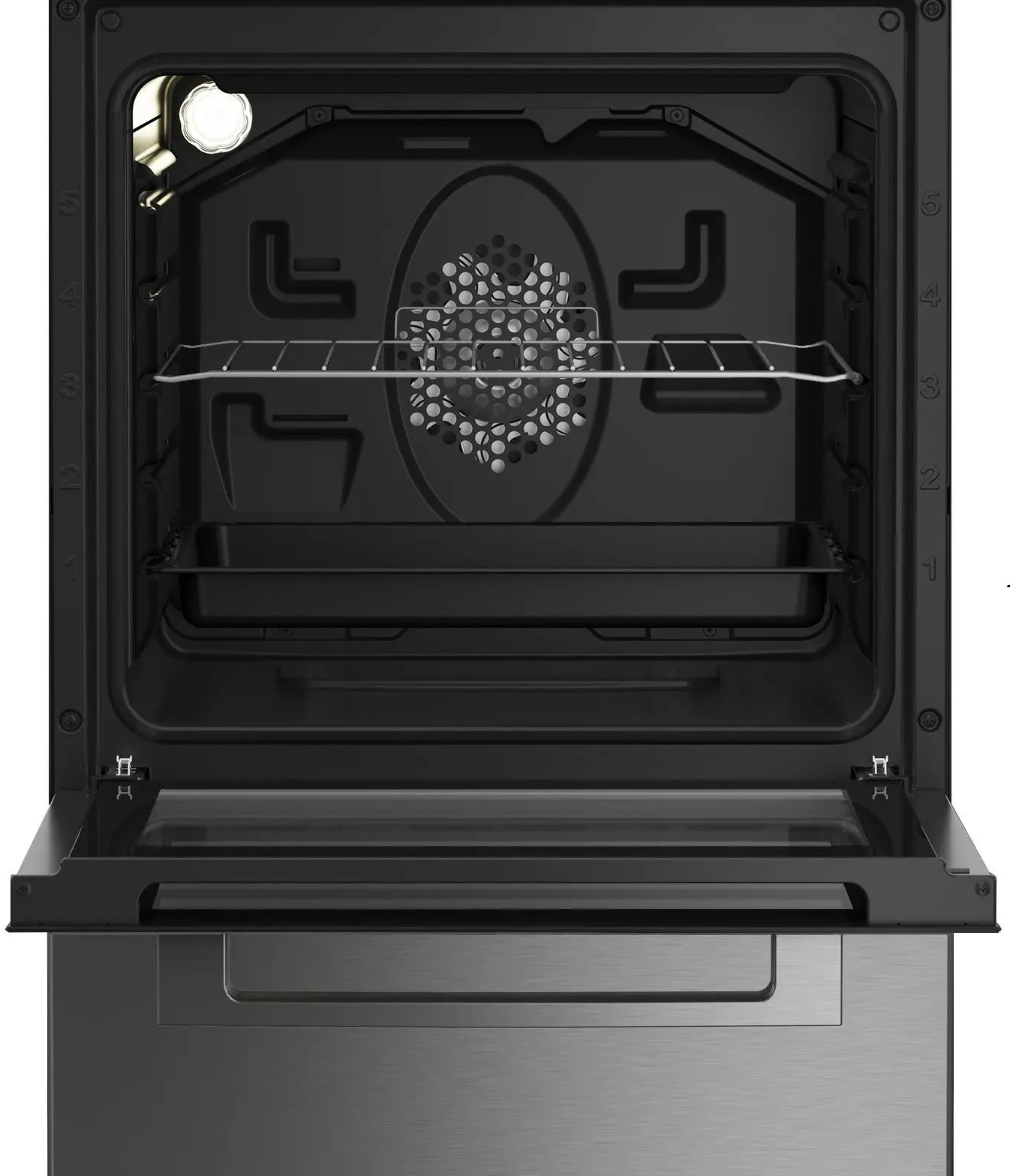 Otwarty piekarnik, widoczne wnętrze. Zawiera ruszty, wentylator i dolną tacę. Drzwi otwarte, odsłaniające front ze stali nierdzewnej.