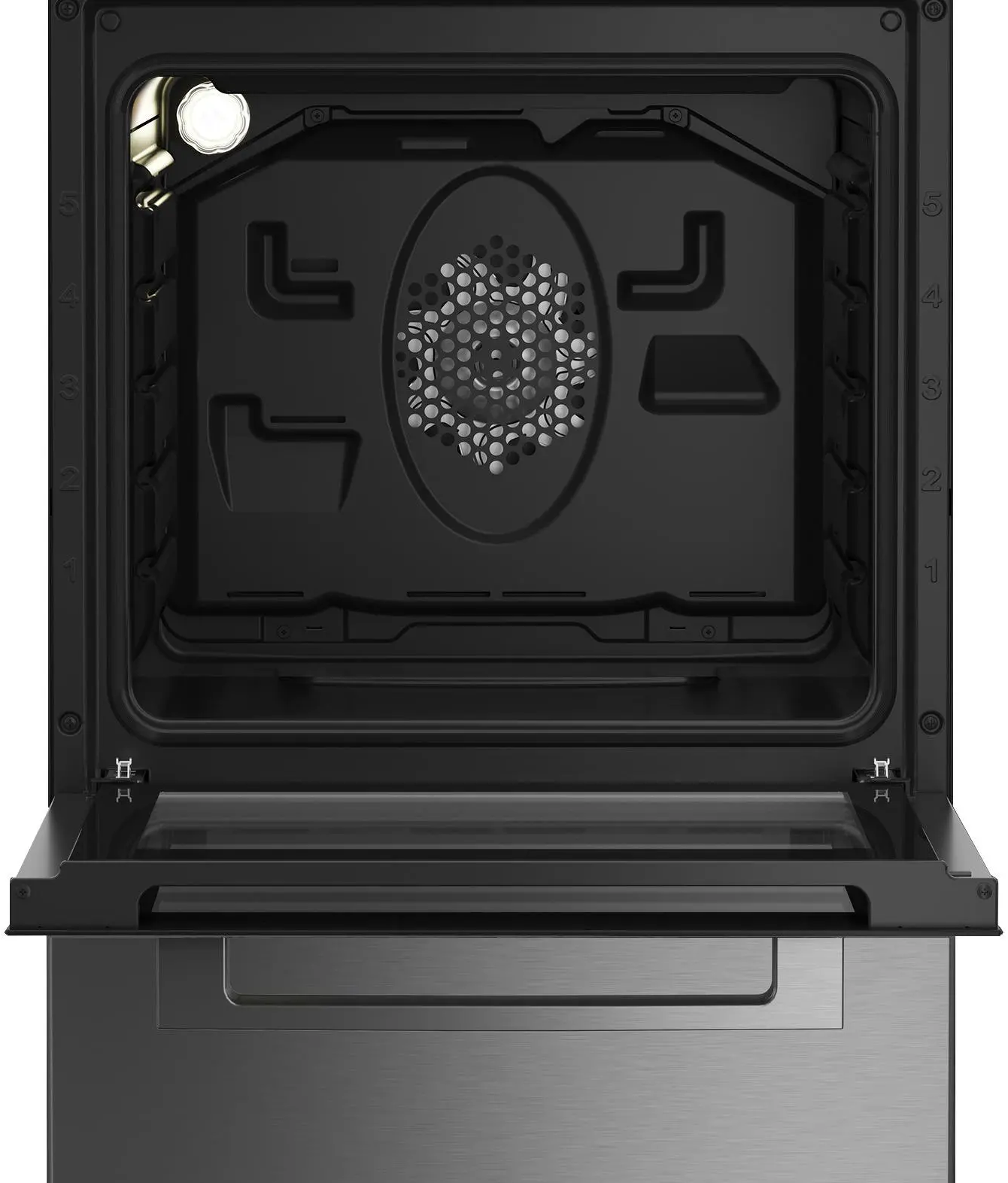 Otwarty piekarnik, czarne wnętrze, wentylator, światło i szuflada ze stali nierdzewnej. Numery 1-5 po prawej.