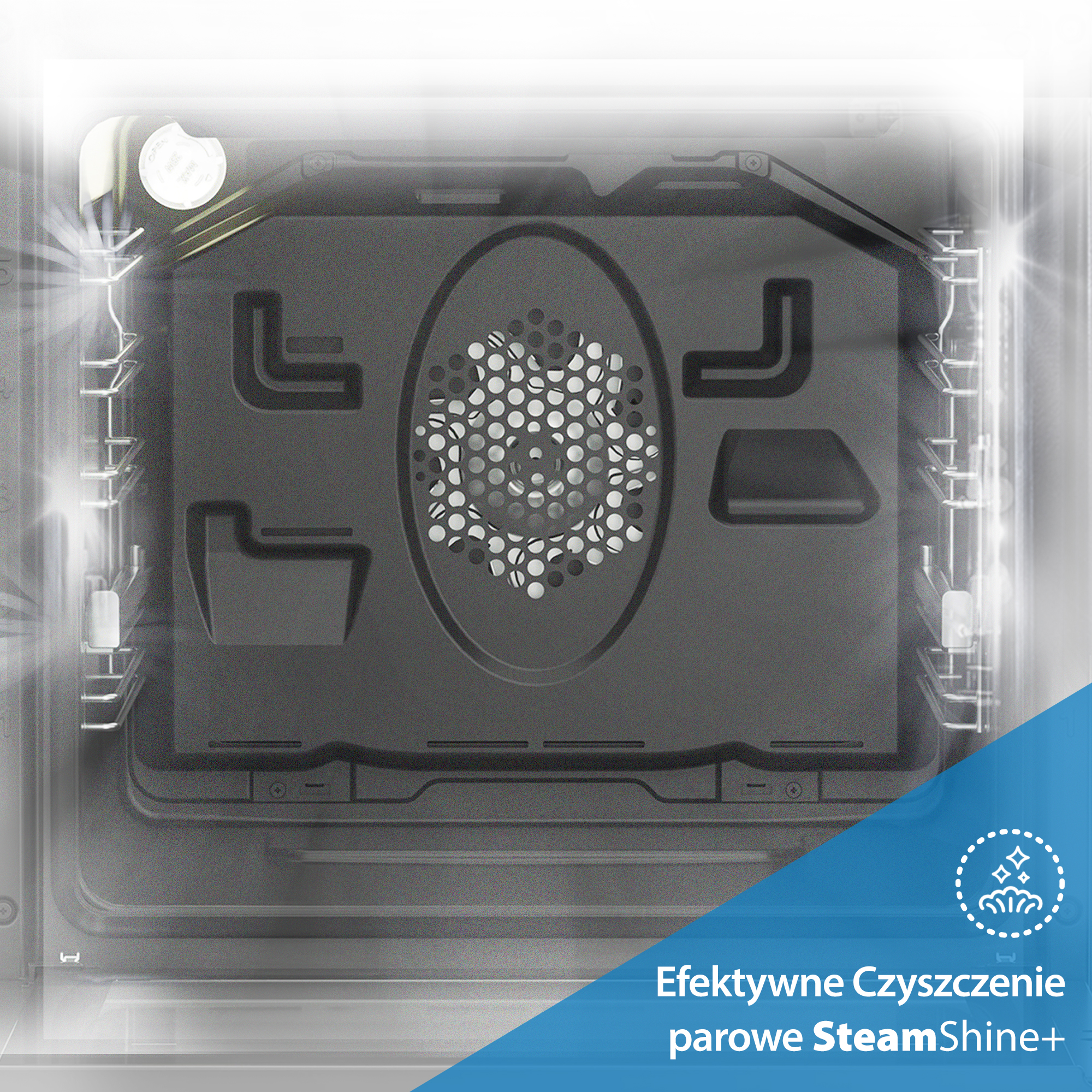 Widok wewnątrz piekarnika. Szare wnętrze z metalowymi rusztami. Okrągły otwór wentylacyjny pośrodku. Logo SteamShine+ na dole.