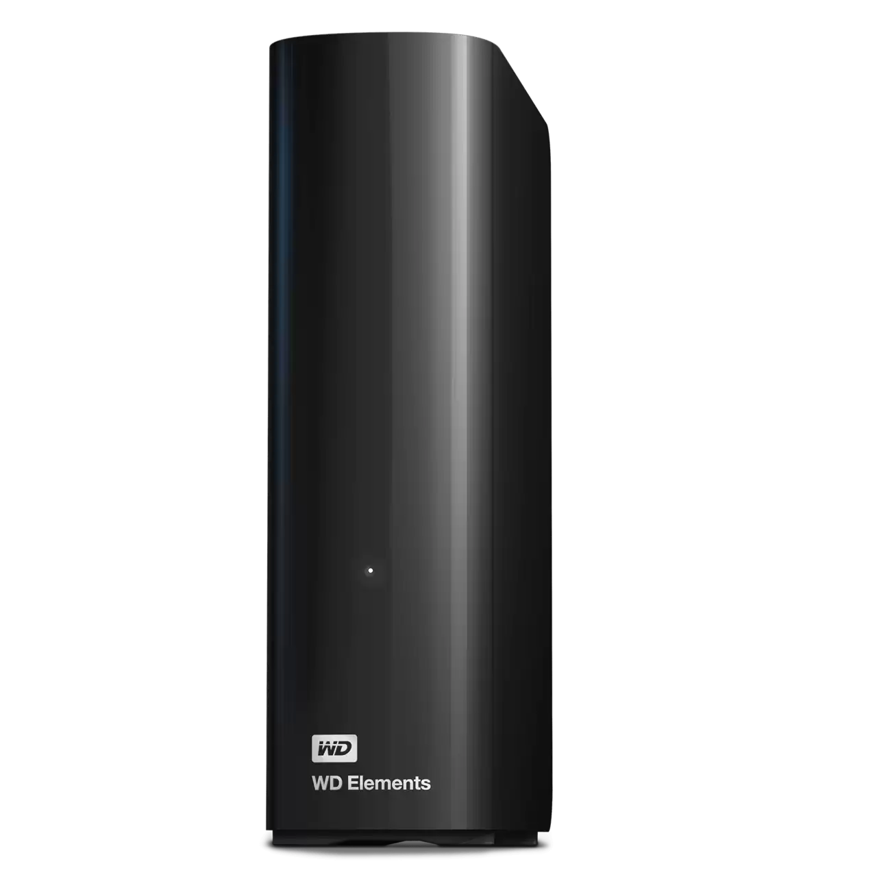 Siyah bir WD Elements harici sabit disk, siyah bir arka plan üzerinde gösteriliyor. WD logosu ve ürün adı görünür.