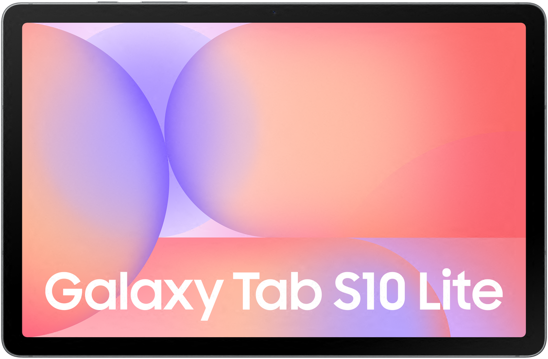 A tablet with a black frame displays a gradient background with white text 'Galaxy Tab S10 Lite'.