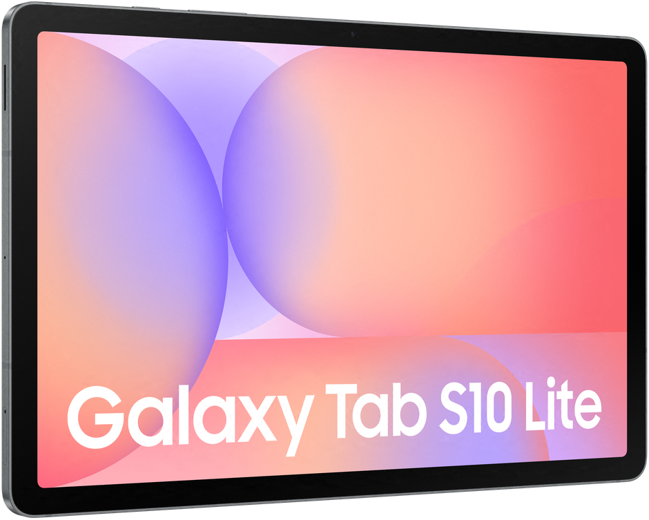 A tablet with a black frame displays a colorful gradient background and the words Galaxy Tab S10 Lite in white.
