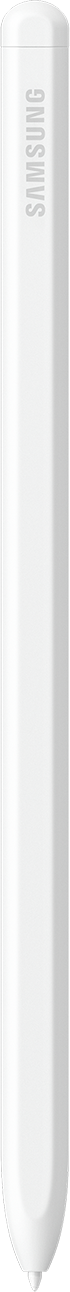 A white Samsung stylus pen. The cylindrical pen has the Samsung logo, with a rounded top and pointed bottom.