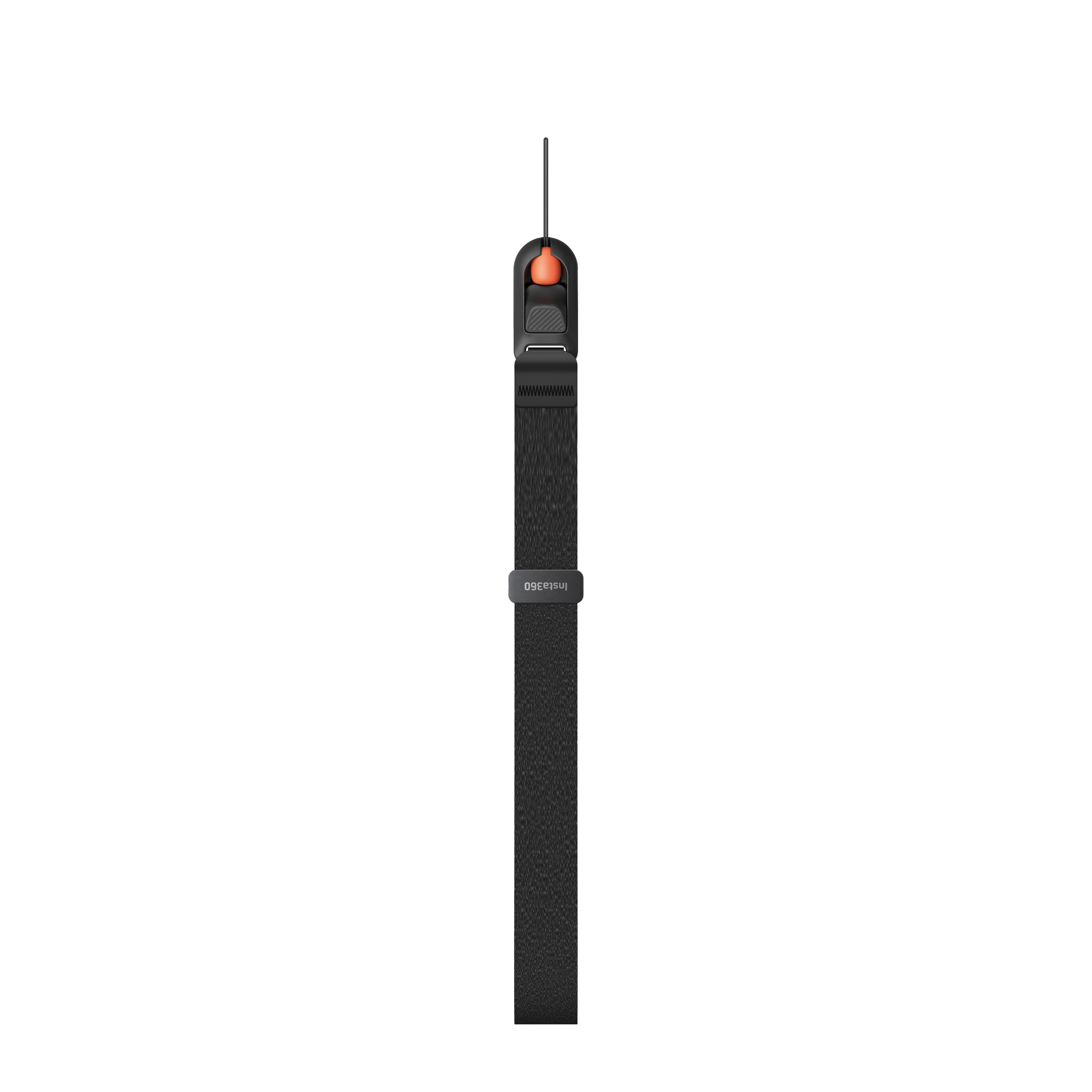Ein schwarzer Handgelenkriemen mit einem orangefarbenen Knopf. Der Riemen hat das Insta360-Logo. Weißer Hintergrund.