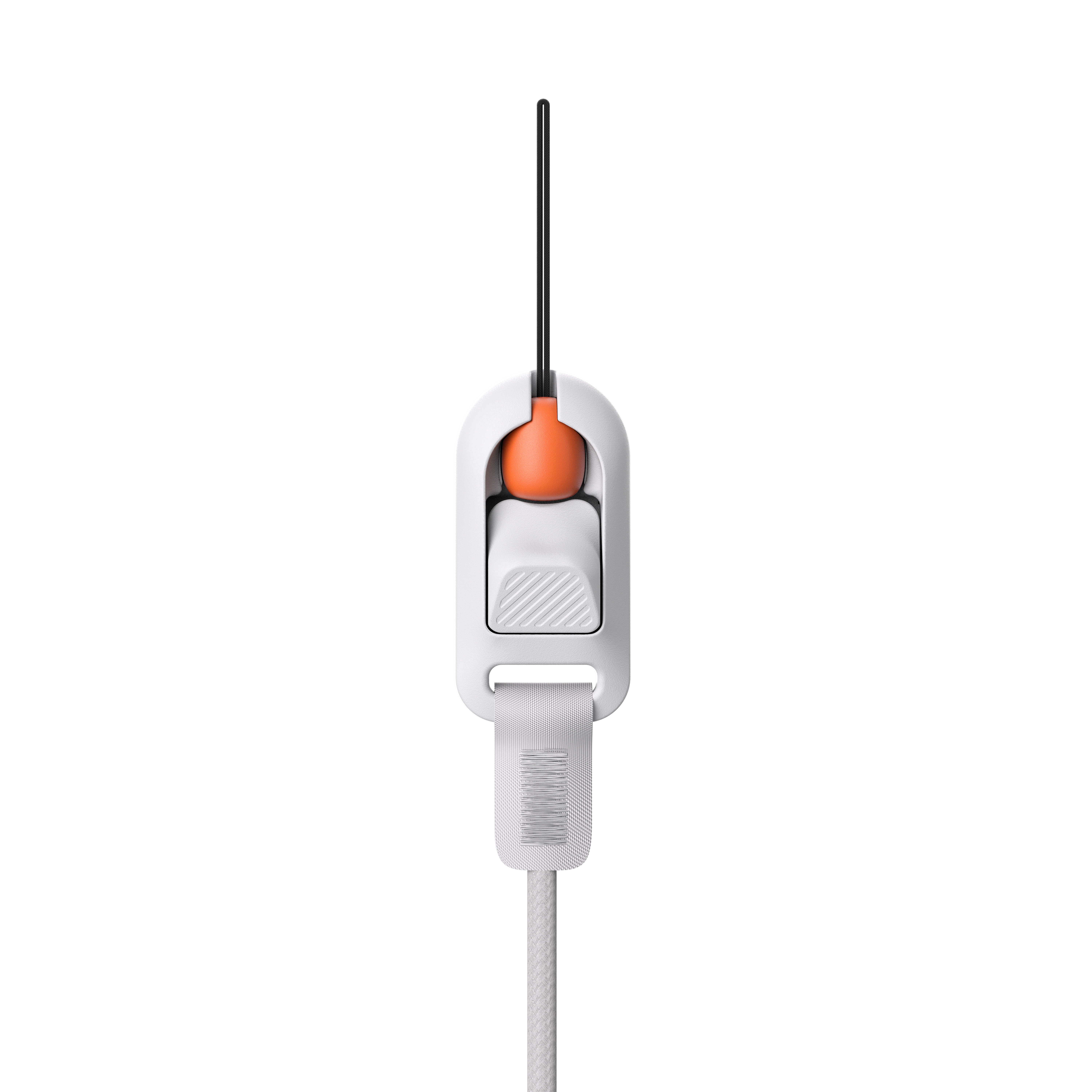 Ein weißes und orangefarbenes Gerät mit schwarzem Stiel vor weißem Hintergrund.
