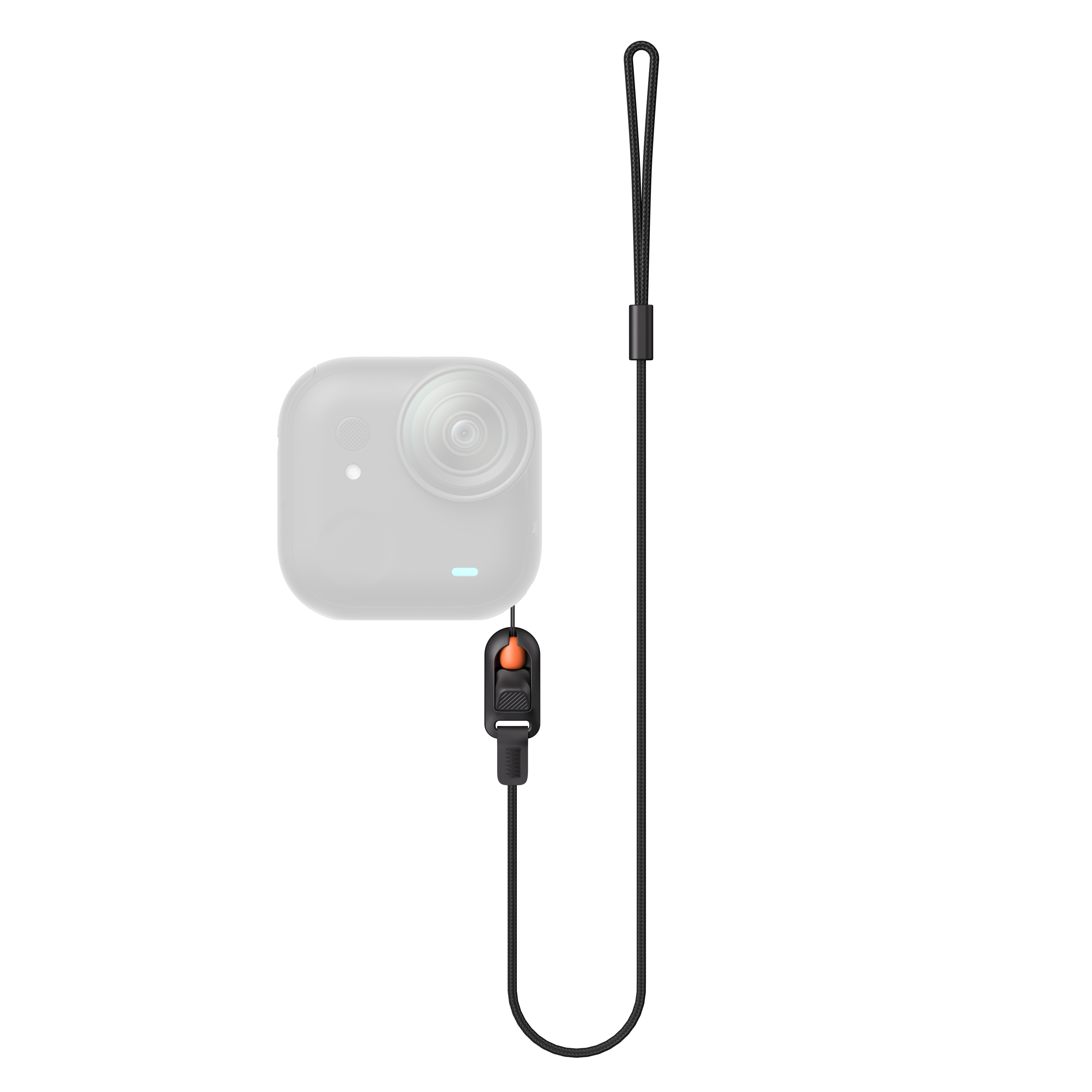 Gezeigt werden eine Kamera und ein schwarzes Schlüsselband. Die Kamera ist weiß. Das Schlüsselband hat einen schwarzen Riemen mit orangefarbenem Knopf.