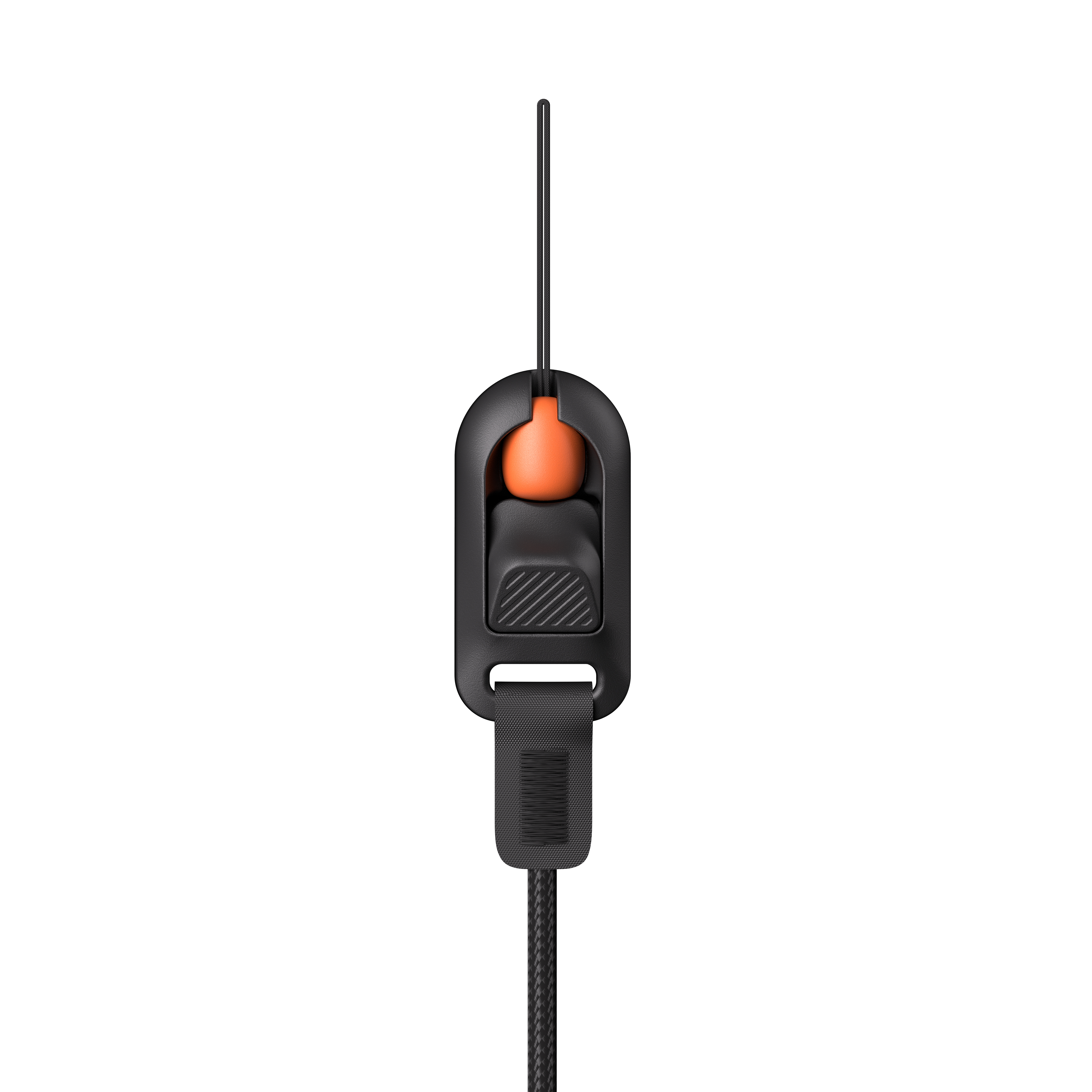Schwarze Audiosteuerung mit orangefarbener Taste. Schwarzes Kabel erstreckt sich nach unten. Weißer Hintergrund.