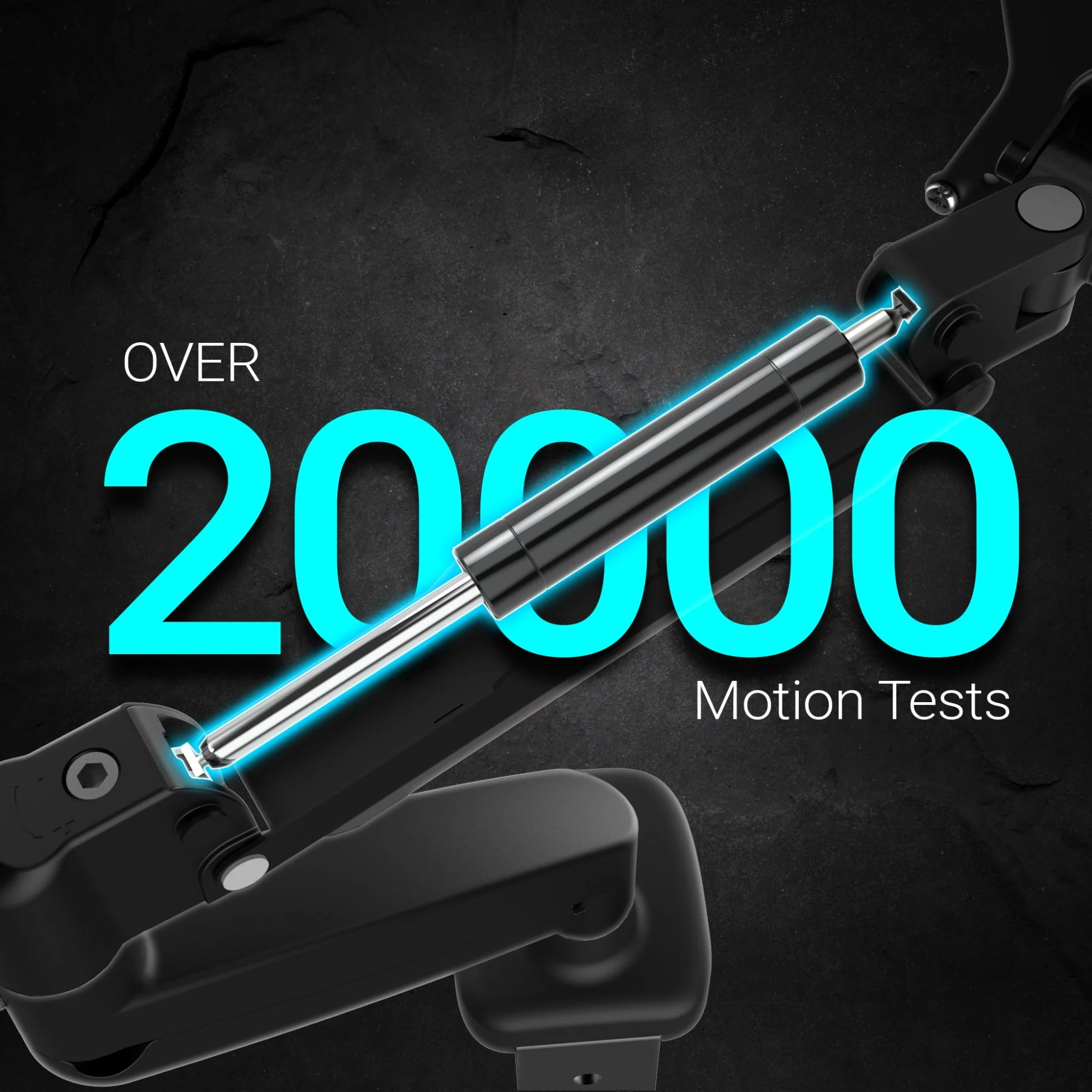 A képen egy fekete eszköz látható egy ezüst hengerrel, valamint a 'OVER 20000 Motion Tests' felirat kék és fehér színekkel.