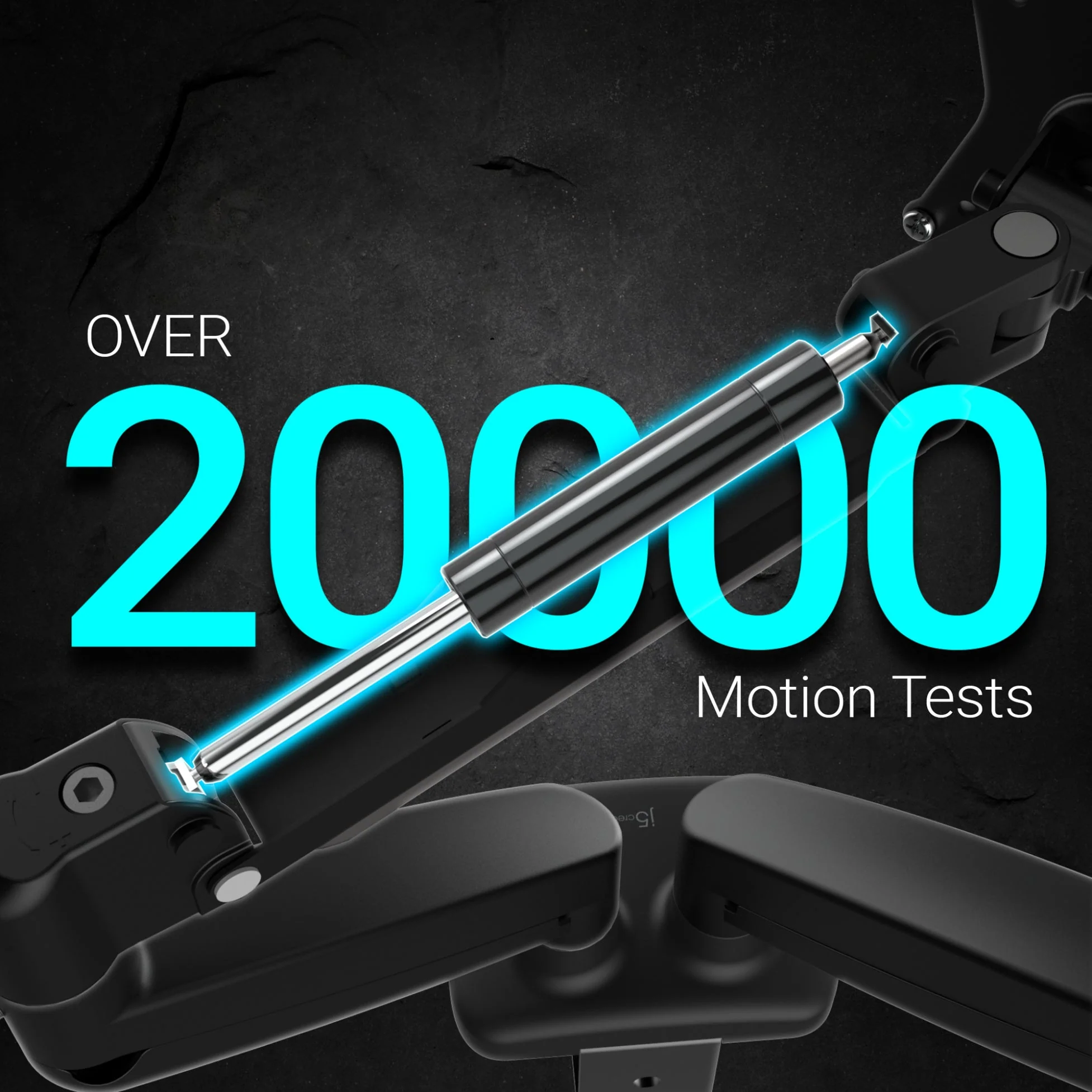 A képen egy fekete mechanikus kar látható, rajta a 20000-es számmal élénk kék színben, alatta a 'Motion Tests' felirattal.