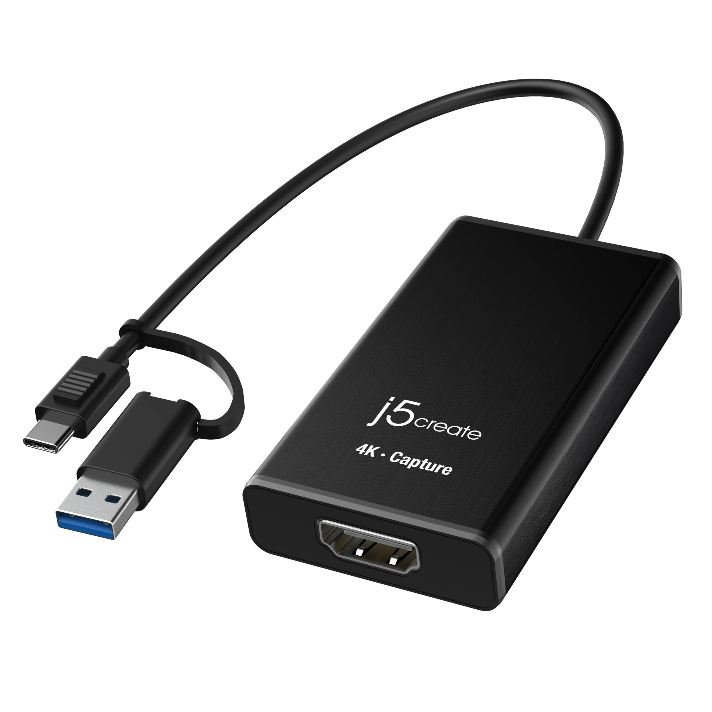 Fekete J5create 4K rögzítő eszköz. USB és USB-C csatlakozókkal rendelkezik. A készülék fehér háttéren látható.