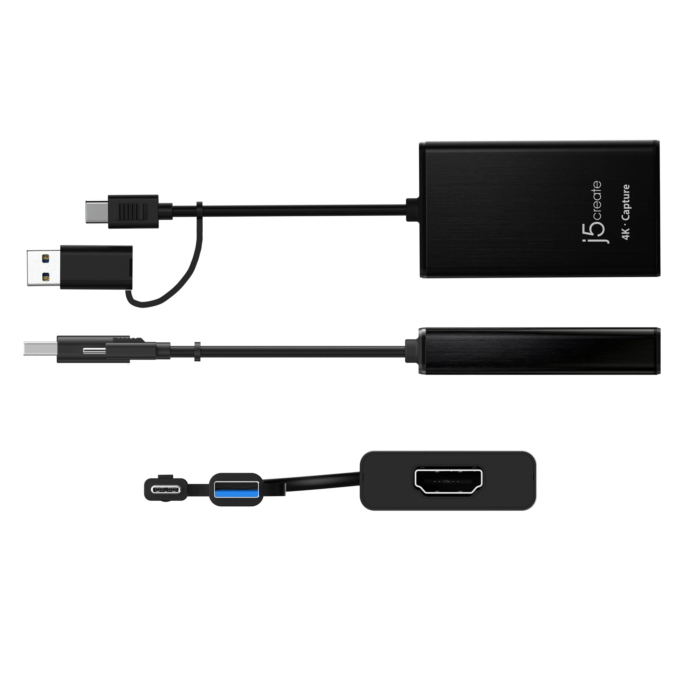 Fekete rögzítőeszköz USB, USB-C és HDMI csatlakozókkal. Fehér háttér.