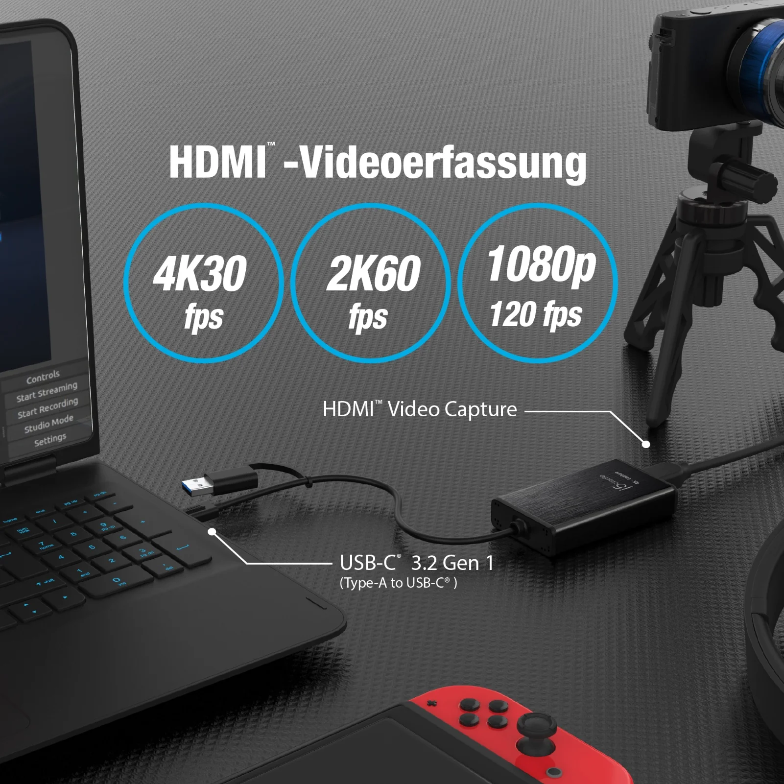 A kép egy rögzítőeszközt mutat, amely egy laptophoz, kamerához és játékvezérlőhöz van csatlakoztatva. 4K, 2K és 1080p videorögzítési lehetőségeket jelenít meg.
