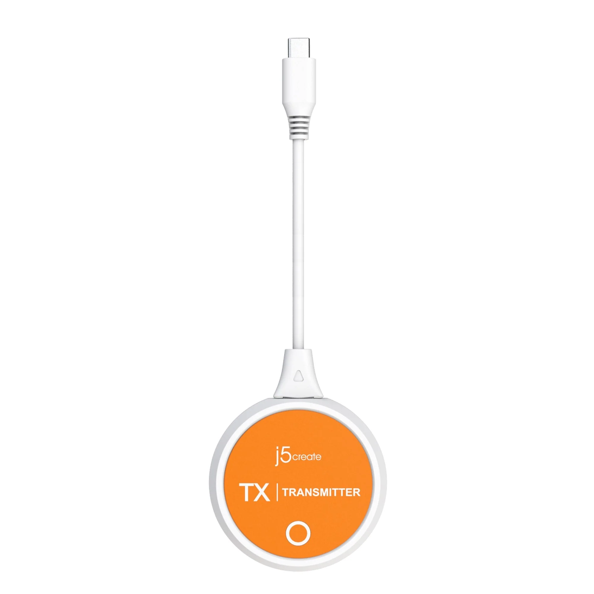 Egy fehér USB-C adó, narancssárga középpel, 'j5create TX TRANSMITTER' felirattal.