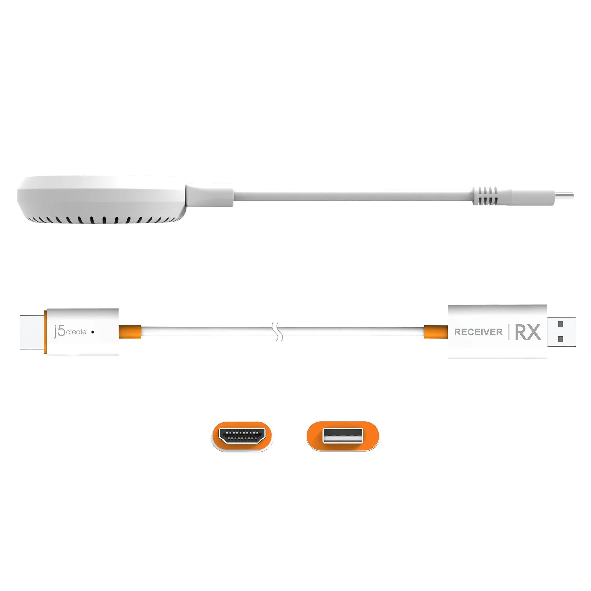 Fehér és narancssárga j5create vevő. HDMI és USB-A csatlakozók. Felül: vevő. Alul: HDMI és USB-A portok.