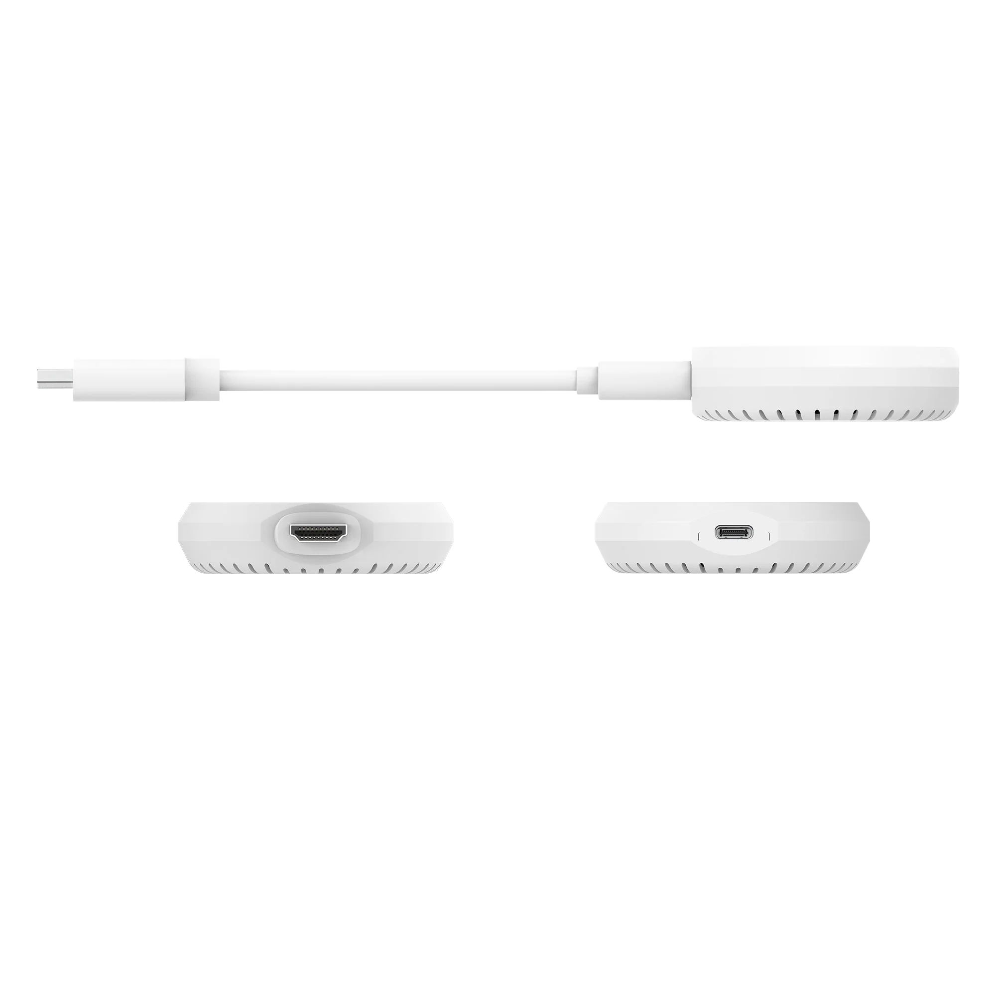 Fehér adapter HDMI és USB portokkal, USB-C kábellel, fehér háttérrel.