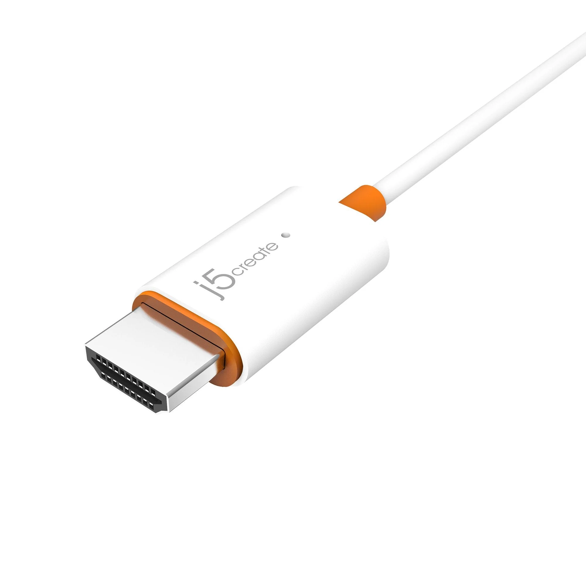 Egy HDMI-kábel. Fehér kábel narancssárga díszítéssel. Ezüst HDMI csatlakozó. A 'j5 create' márkanév látható.