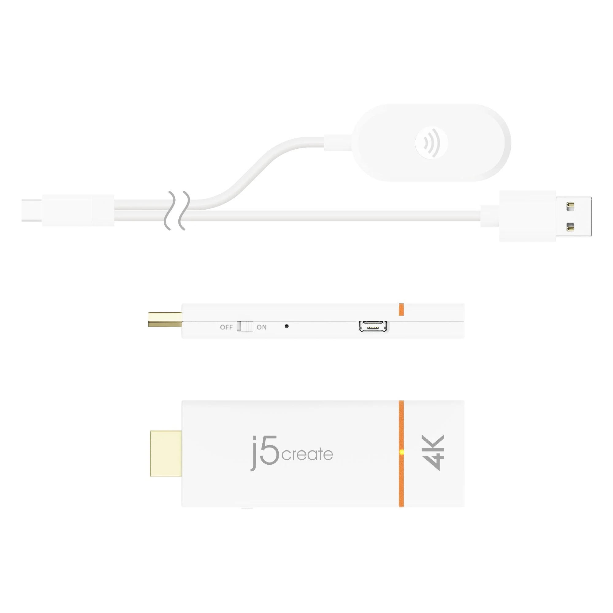 Fehér j5create eszköz kábellel. USB és HDMI csatlakozókkal, bekapcsológombbal és 4K felirattal.