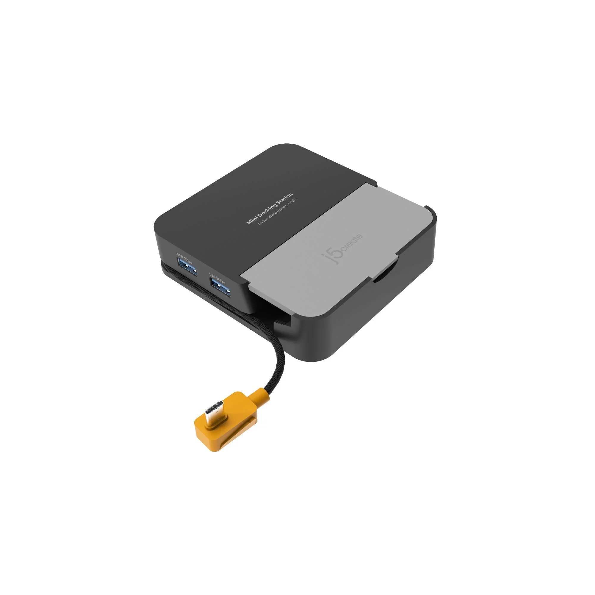 Egy fekete-szürke dokkolóállomás sárga kábellel és csatlakozóval, USB-portokkal és a j5create logóval.