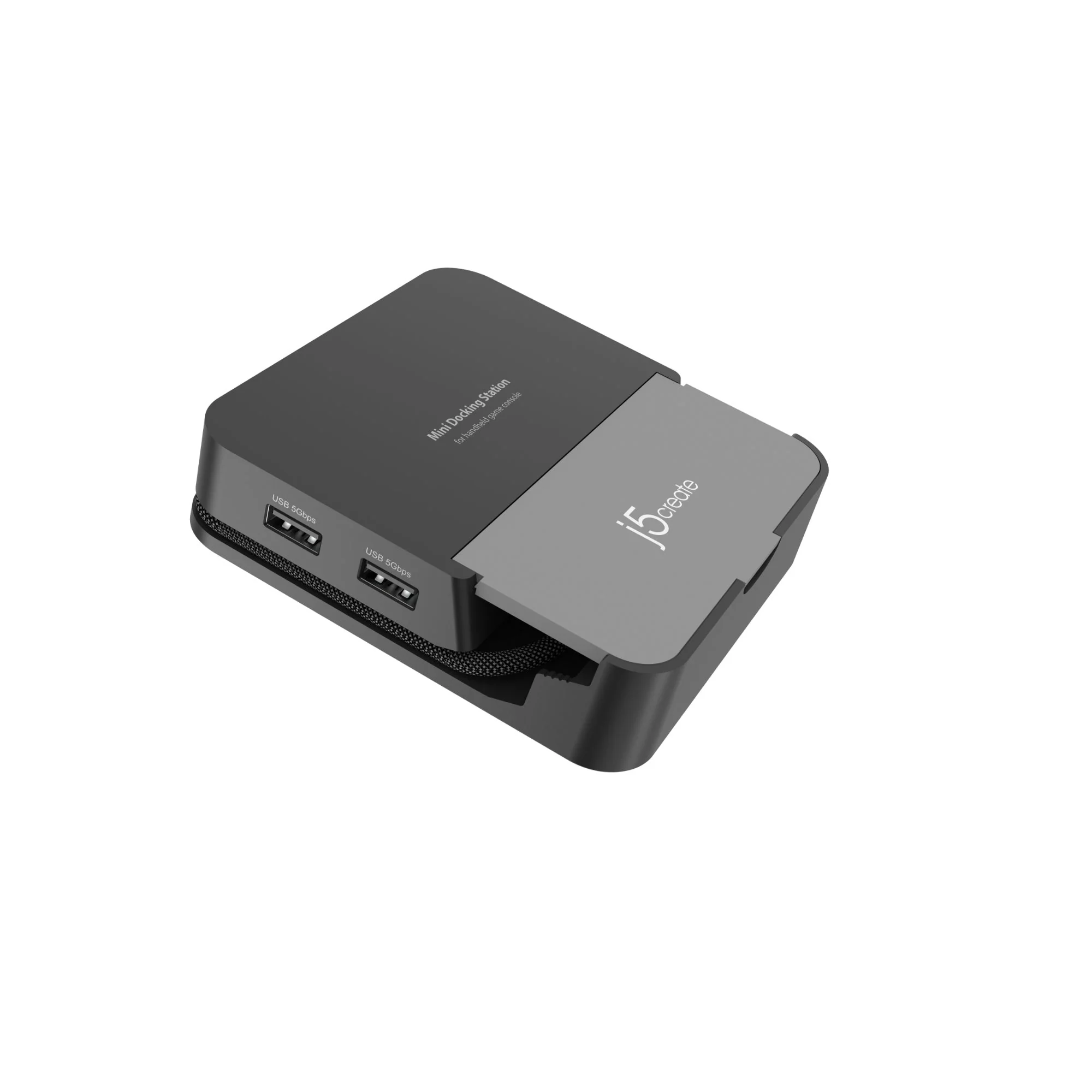 Fekete-szürke Mini Dokkolóállomás j5create logóval és USB portokkal fehér háttéren.