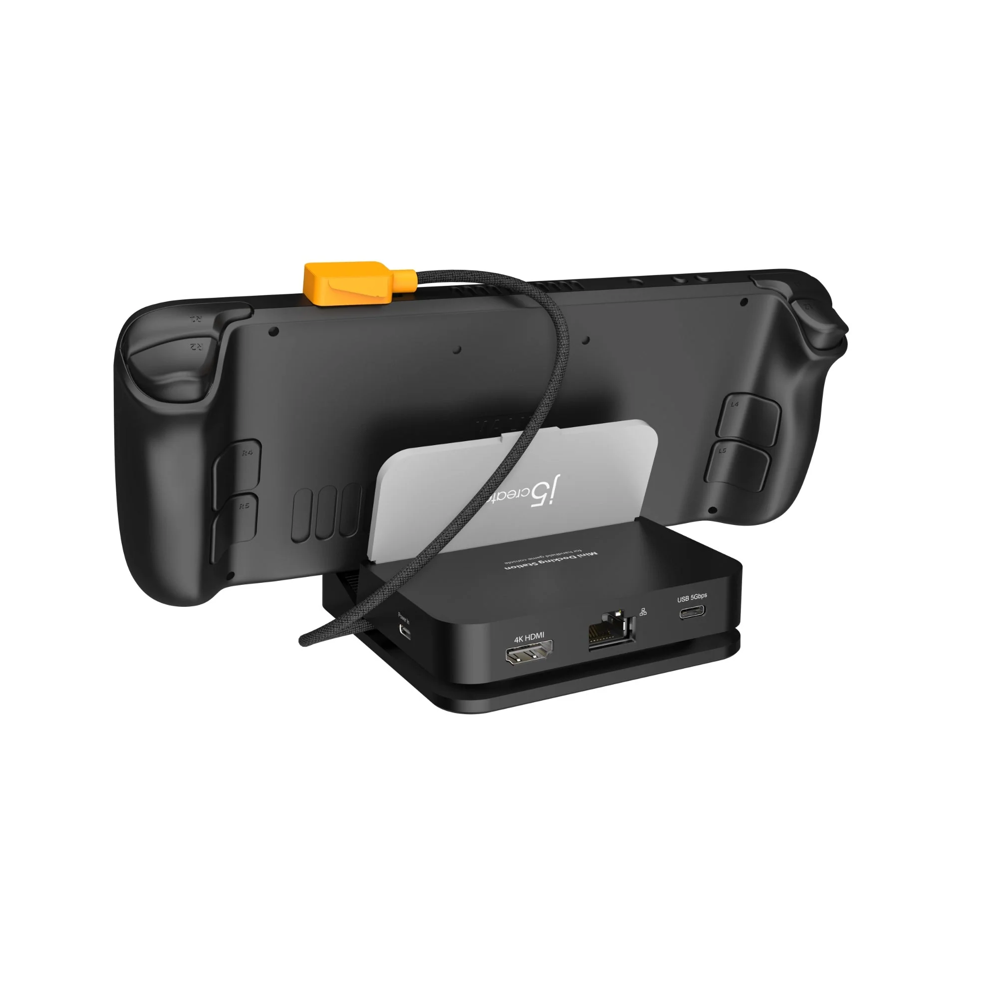 Egy fekete játékkonzol egy fekete állomáshoz dokkolva, narancssárga csatlakozóval. Az állomás HDMI és USB portokkal rendelkezik.