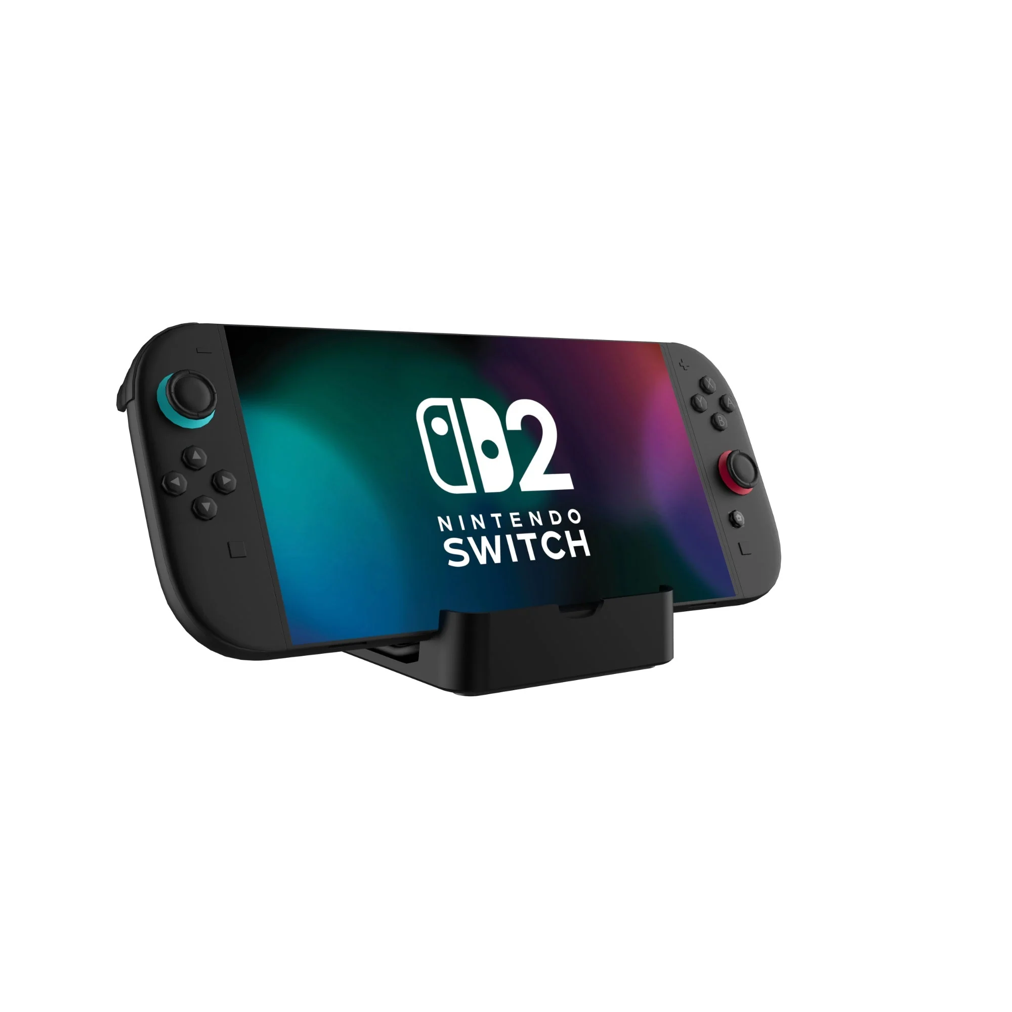 Nintendo Switch OLED konzol fekete állványban. A képernyőn a Nintendo Switch logó látható. A kontrollerek feketék.