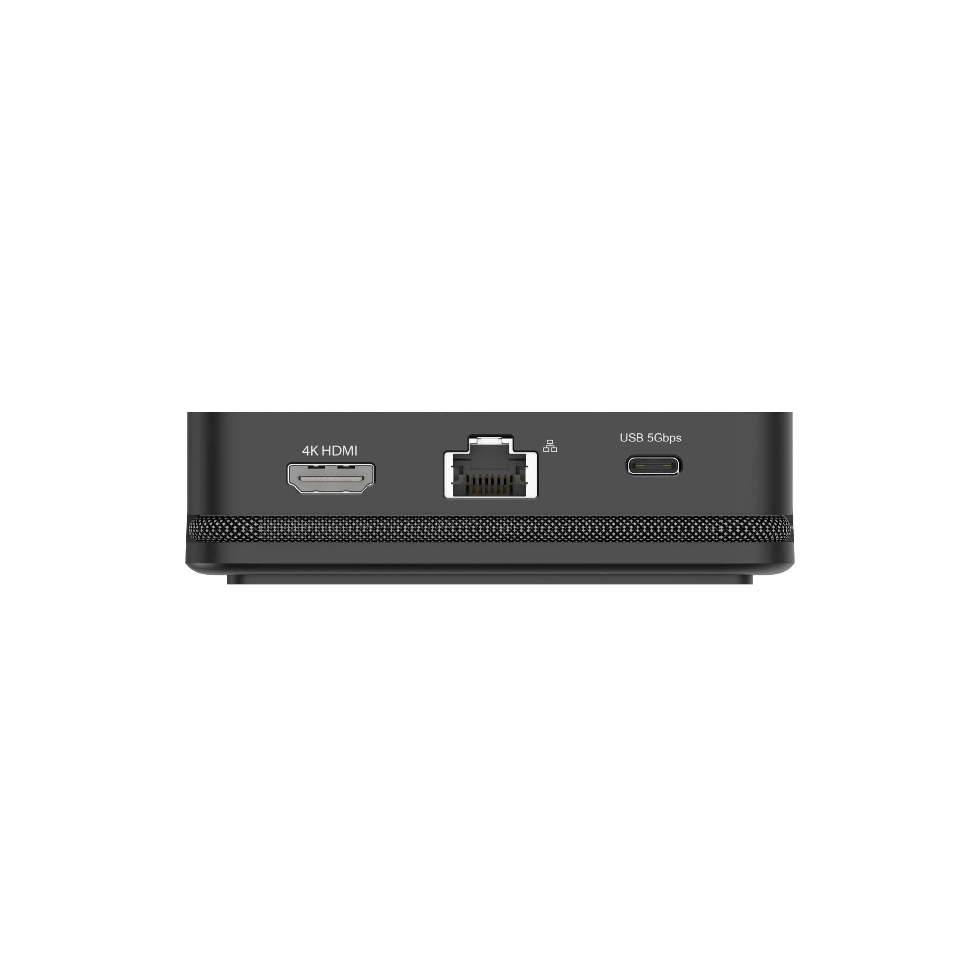 Fekete eszköz 4K HDMI-vel, Ethernet-porttal és USB 5Gbps porttal. Fehér háttér.