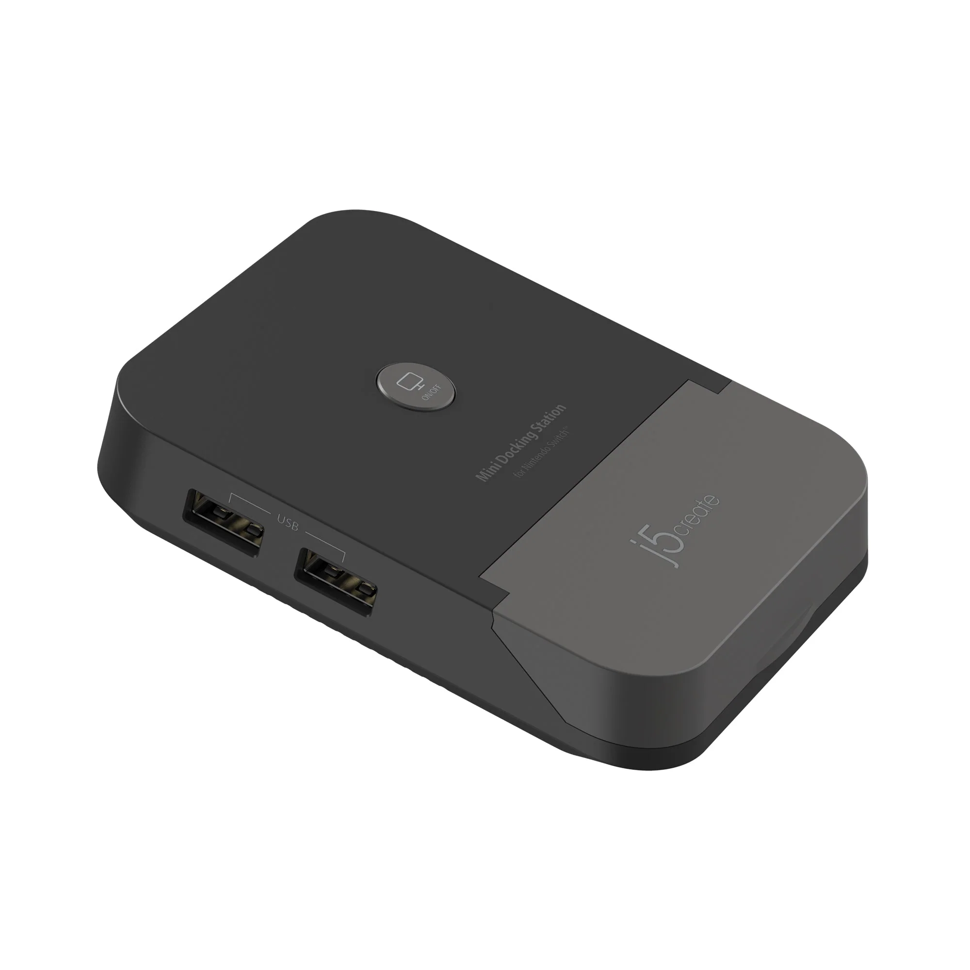 Fekete-szürke dokkolóállomás USB portokkal és be/ki gombbal, j5create márkájú.