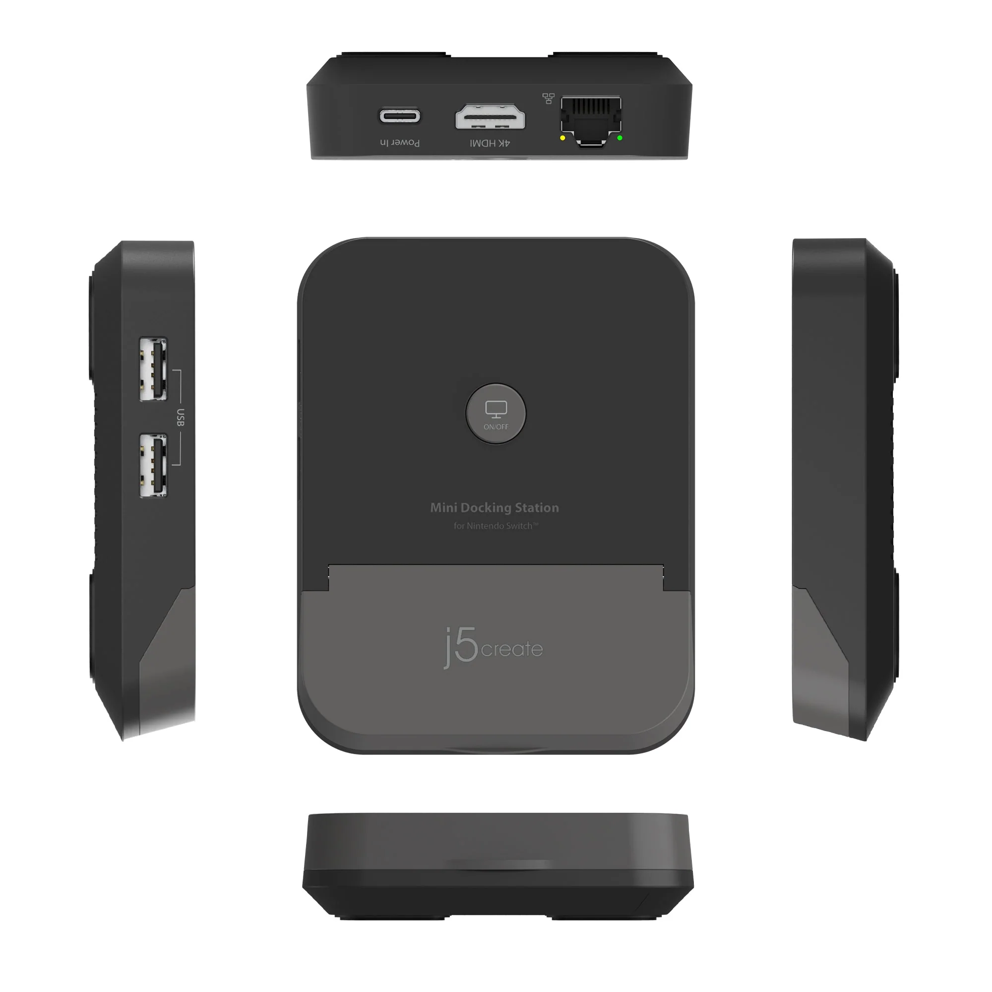 Fekete Mini Docking Station portokkal, USB-vel és tápbemenettel, a 'j5create' logóval.