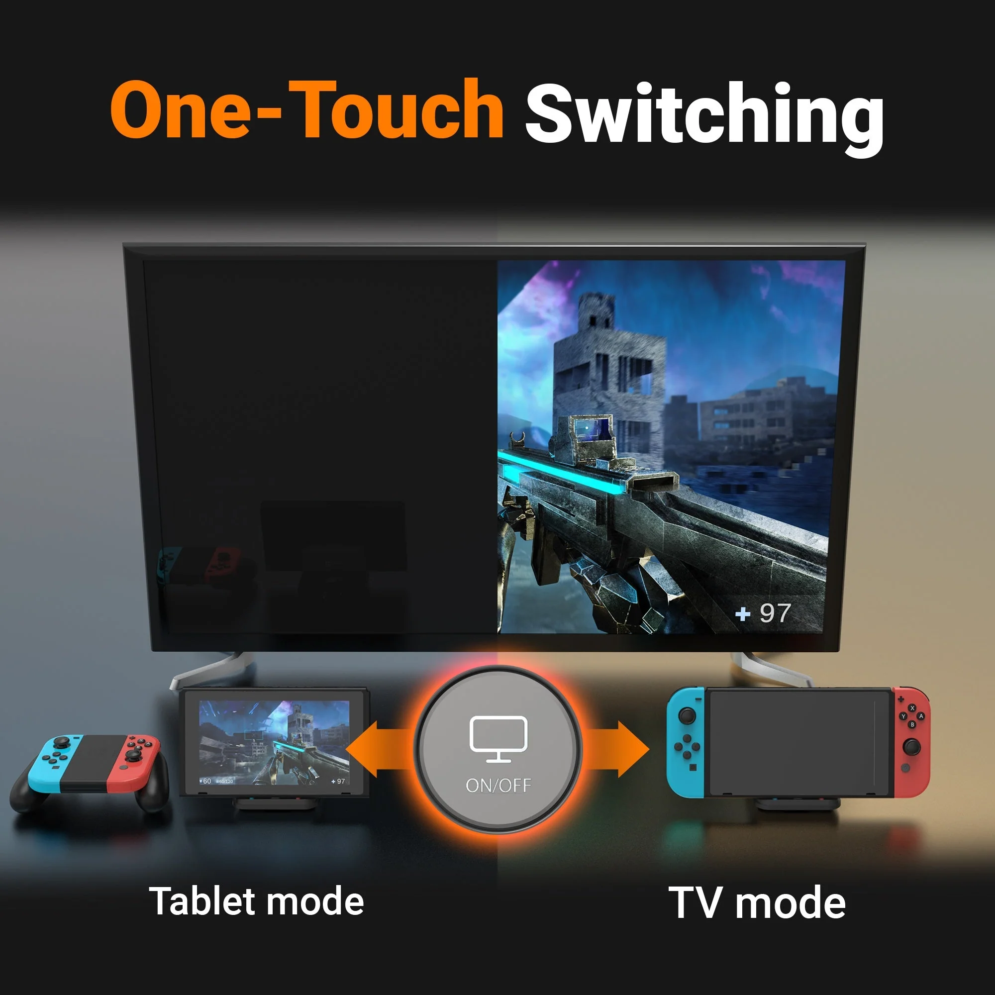 A kép egy érintéssel történő váltást mutat a tablet és TV mód között egy játékkonzolhoz, a játék a képernyőn.