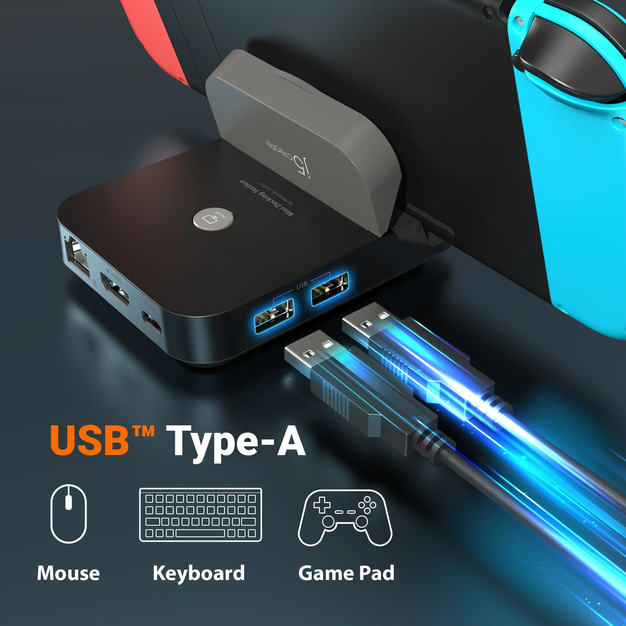 Nintendo Switch dokkolóállomás USB portokkal és bekapcsológombbal. USB Type-A szöveg, egér, billentyűzet és gamepad ikonok.