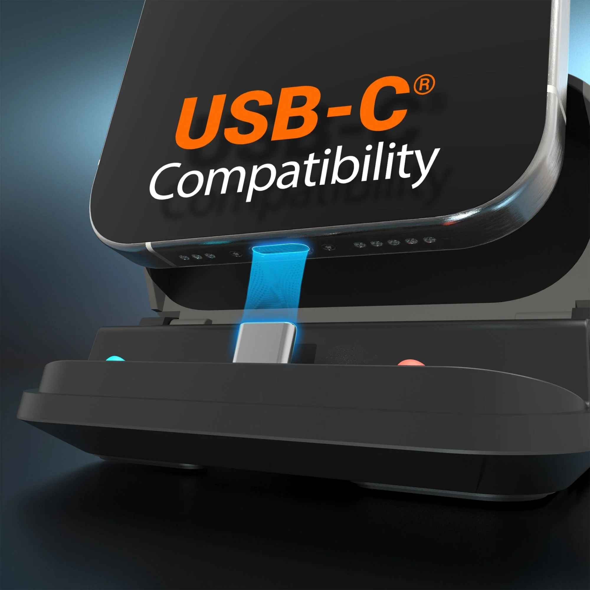 USB-C töltőállomás. A telefon a tetején van. Kék fénysugár az USB-C portról a telefonra.