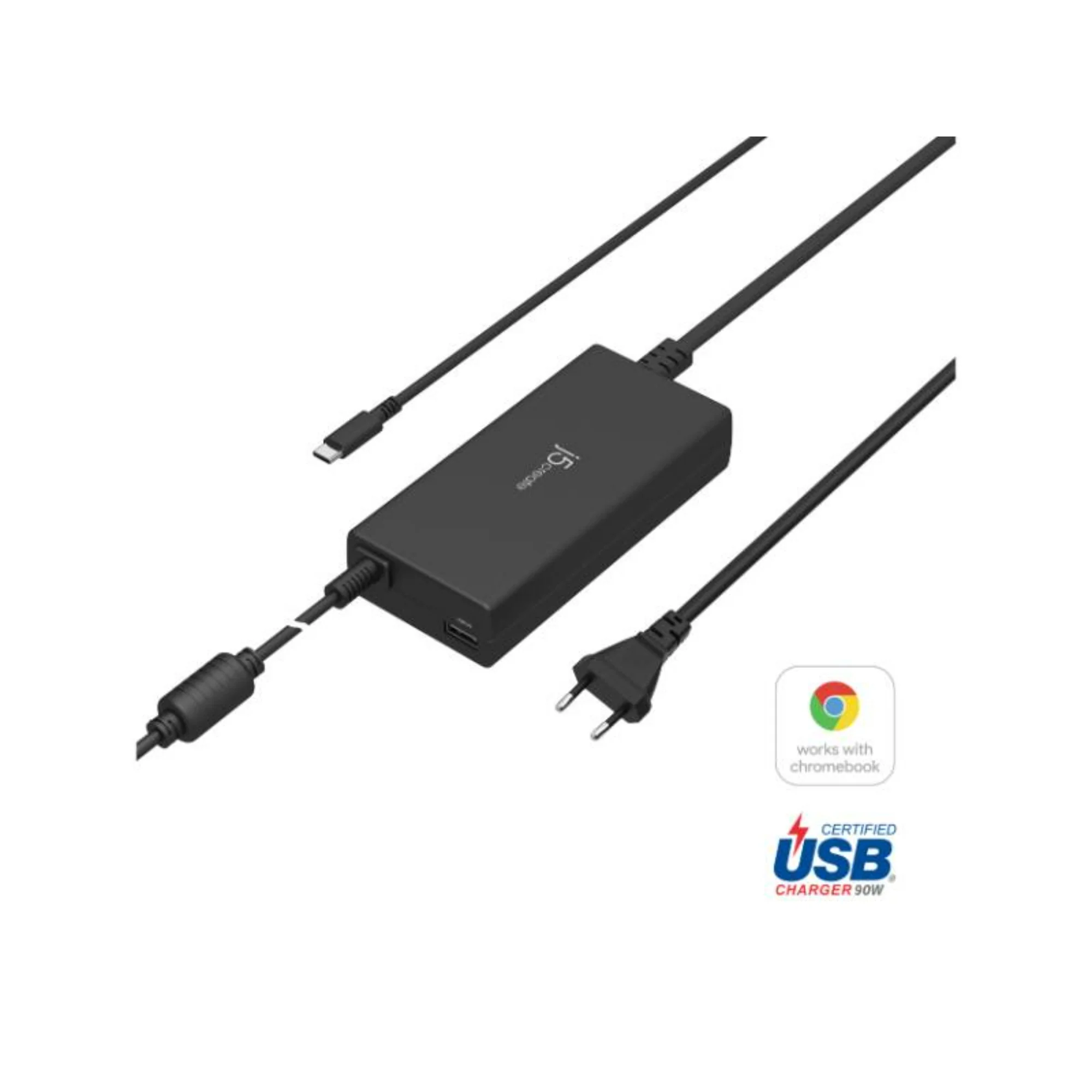 Fekete USB-C töltő három kábellel. Van egy hálózati adaptere és egy dugója. Tartalmaz Chrome OS és USB logót.