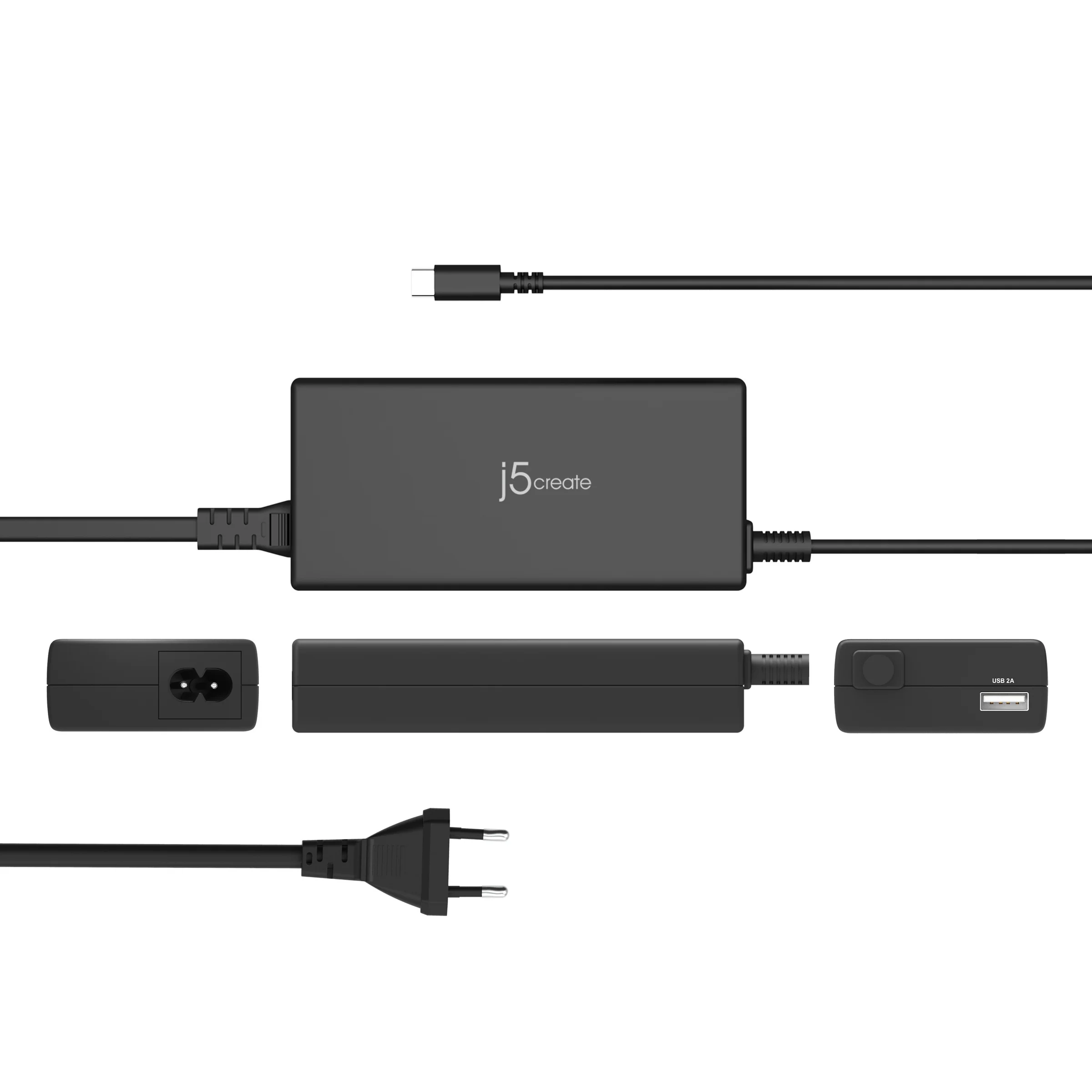 Fekete j5create laptop töltő és alkatrészei. Tartalmazza a hálózati adaptert, a dugót és a különböző csatlakozókábeleket.