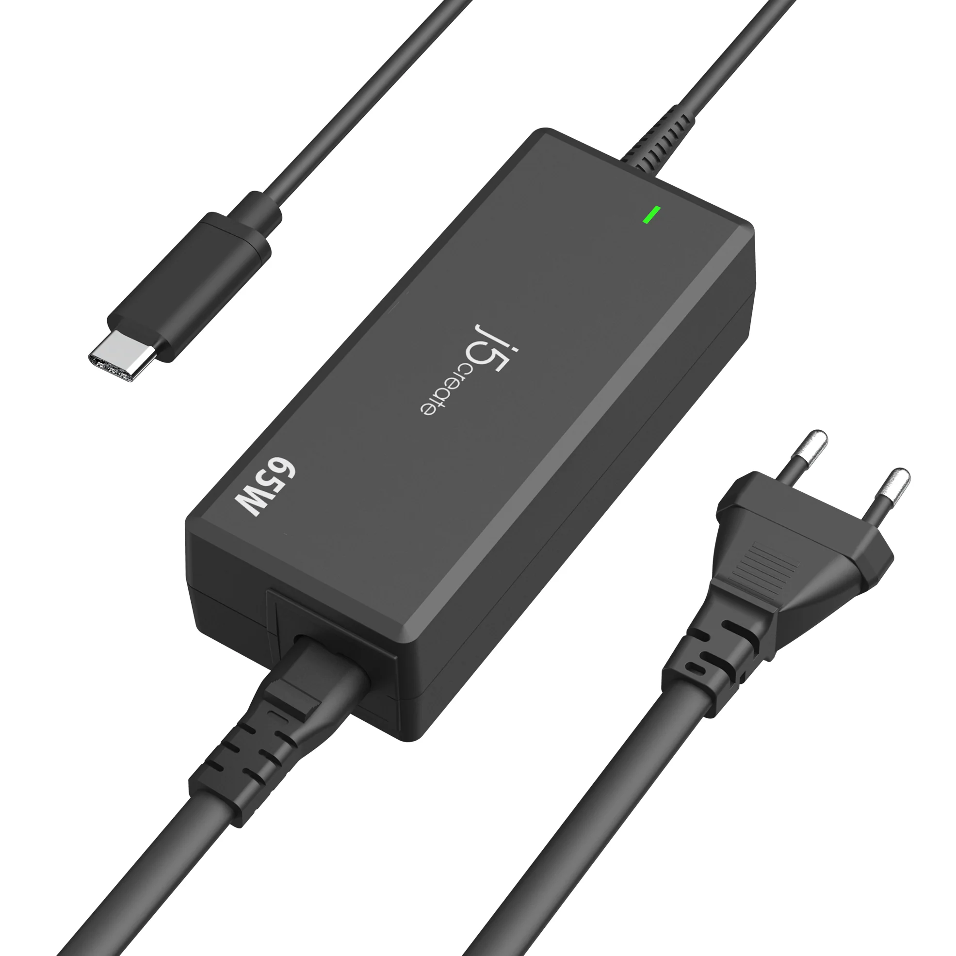 Fekete 65 W-os töltő csatlakoztatott kábelekkel és dugóval. Egy USB-C csatlakozó látható. Zöld fény a töltőn.