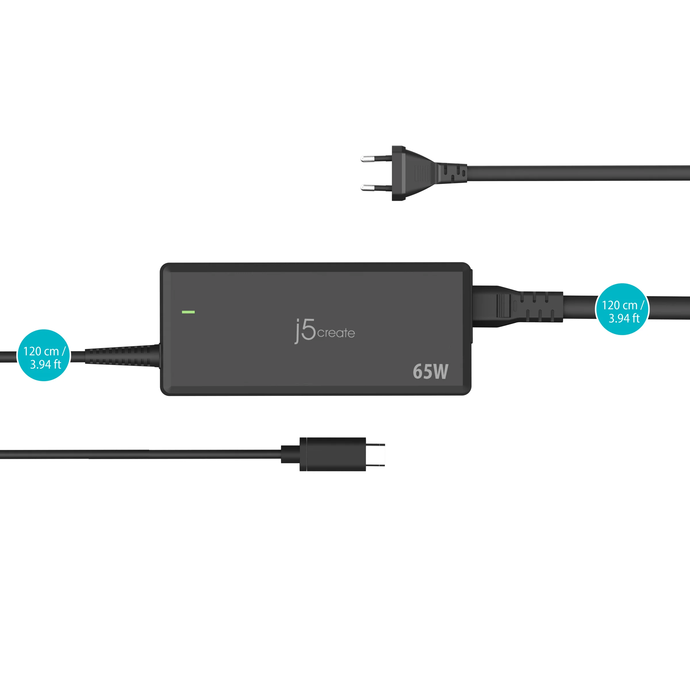 Egy fekete j5create 65W-os töltő két kábellel és USB-C csatlakozóval. A dugó felül van.
