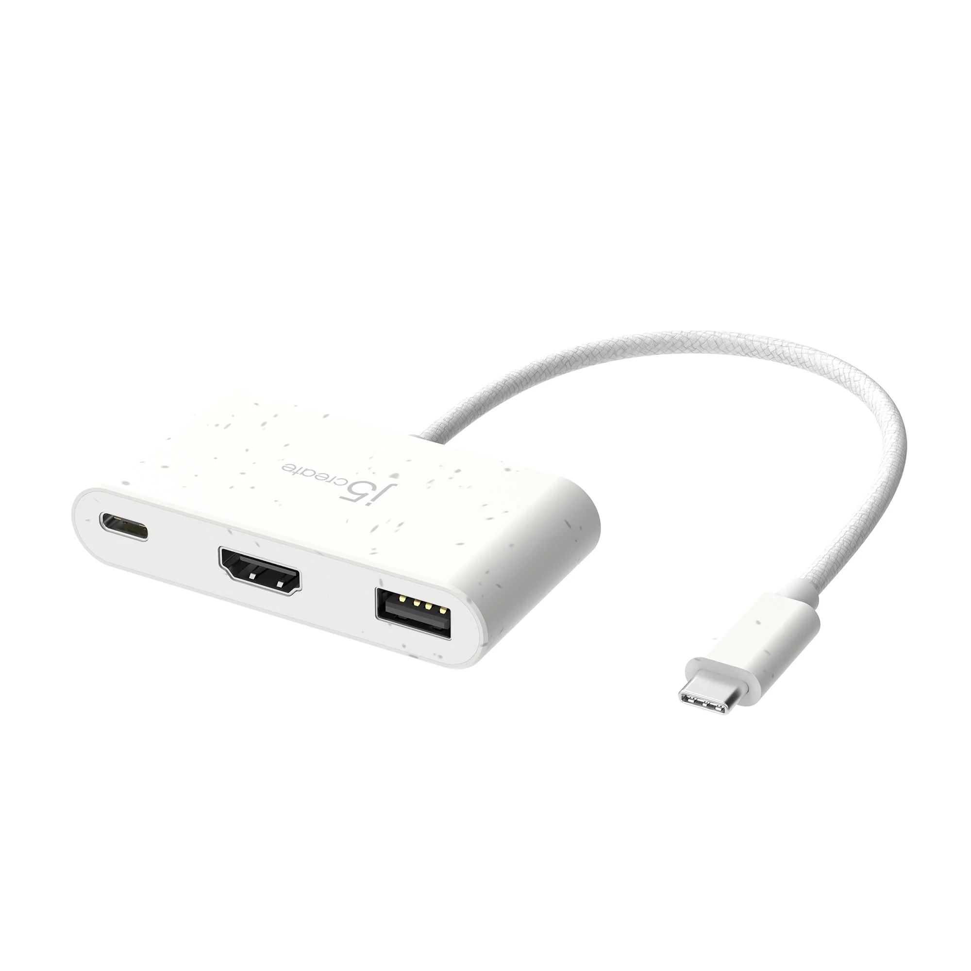 Fehér adapter USB-C kábellel, HDMI és USB portokkal, fehér háttérrel.