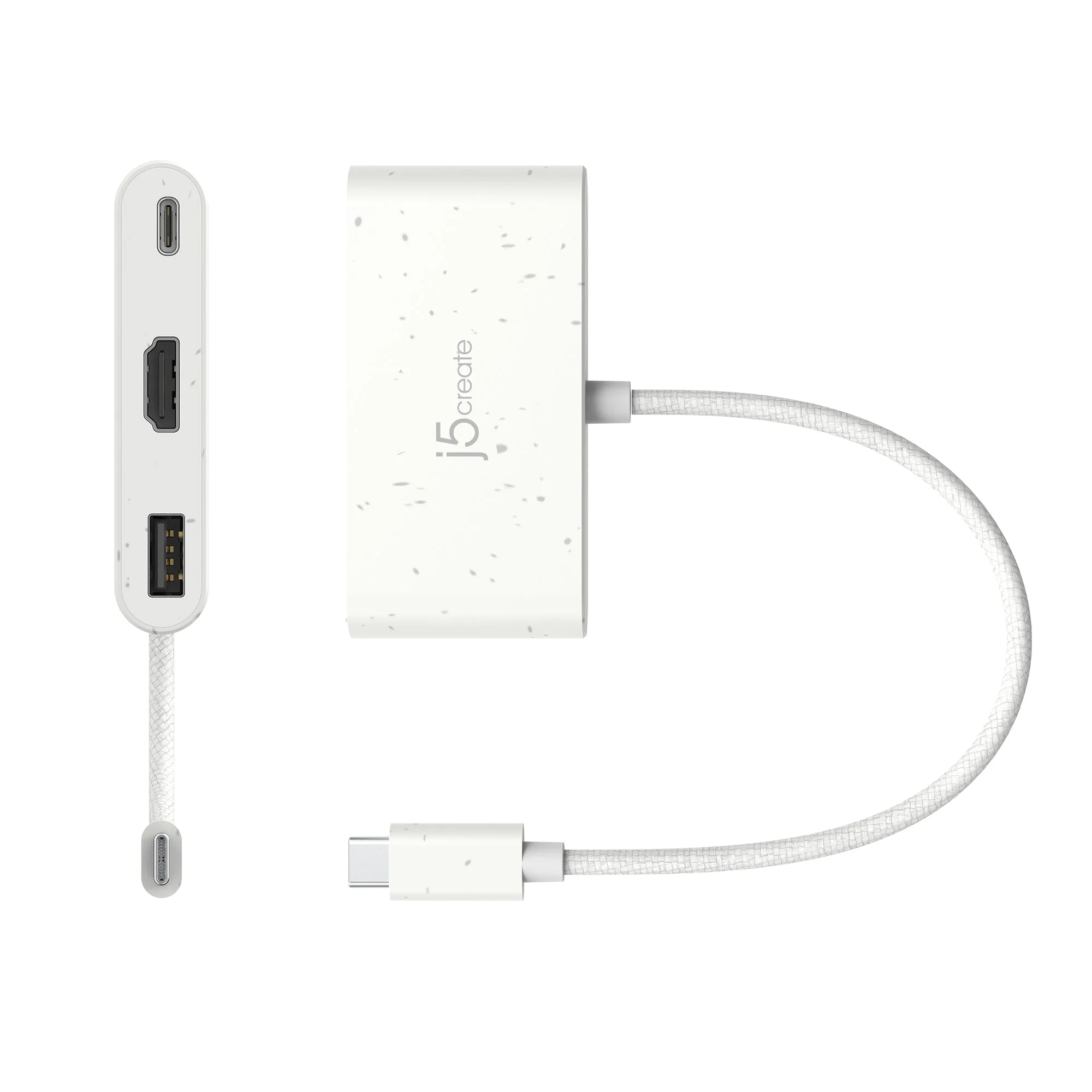Fehér j5create USB-C hub, több porttal, pl. HDMI és USB-A. A hubot egy fehér fonott kábel köti össze az USB-C csatlakozóval.