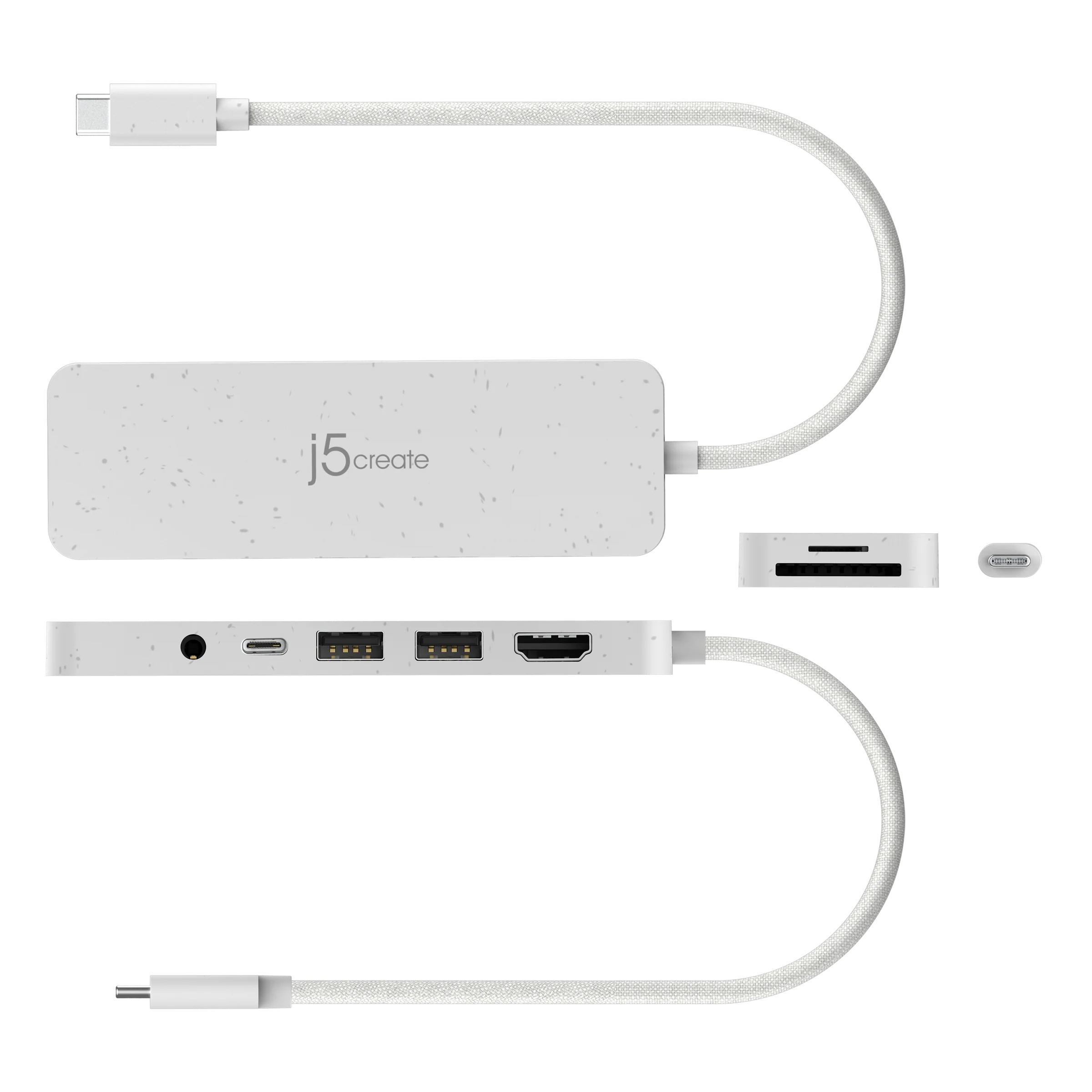 Fehér USB-C hub több porttal, SD-kártyaolvasóval és kábelekkel, fekete háttéren. Tartalmazza a j5create márkanevet.