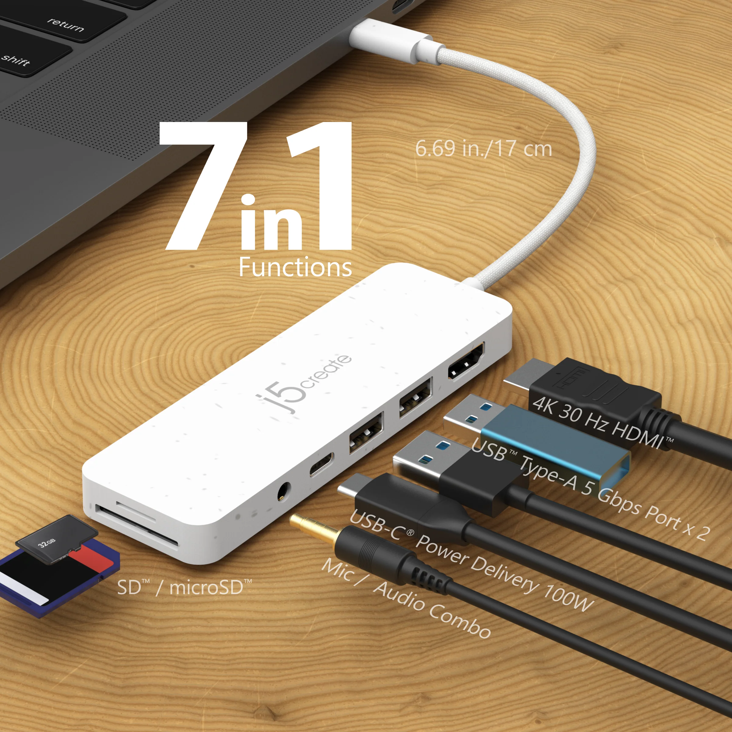 Egy fehér USB hub 7 funkcióval csatlakozik egy laptophoz. Címkékkel ellátott kábelek nyúlnak ki belőle.